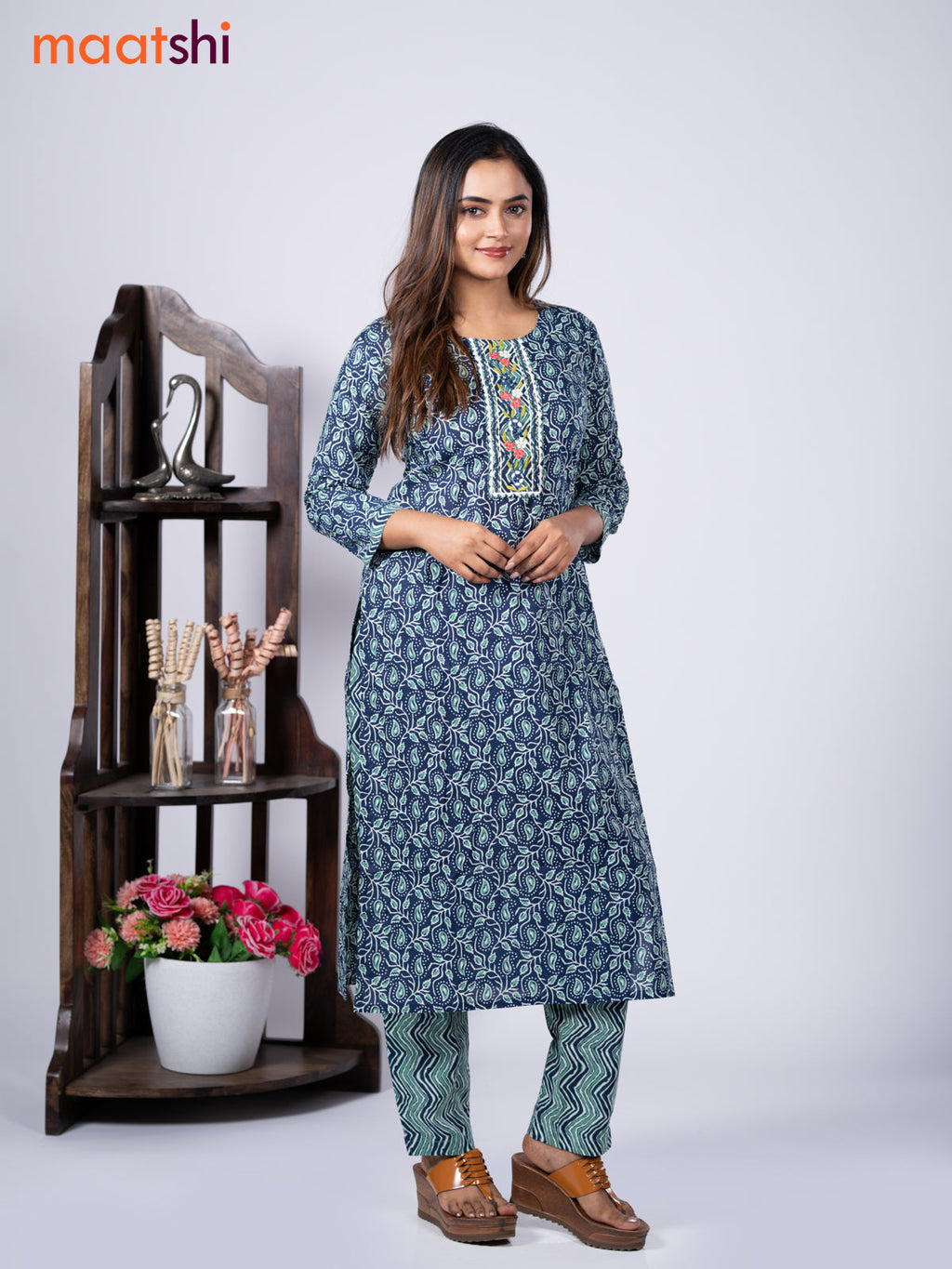 Cotton readymade kurti set blue and teal blue with allover prints & embroidery mirror work neck pattern and straight cut pant