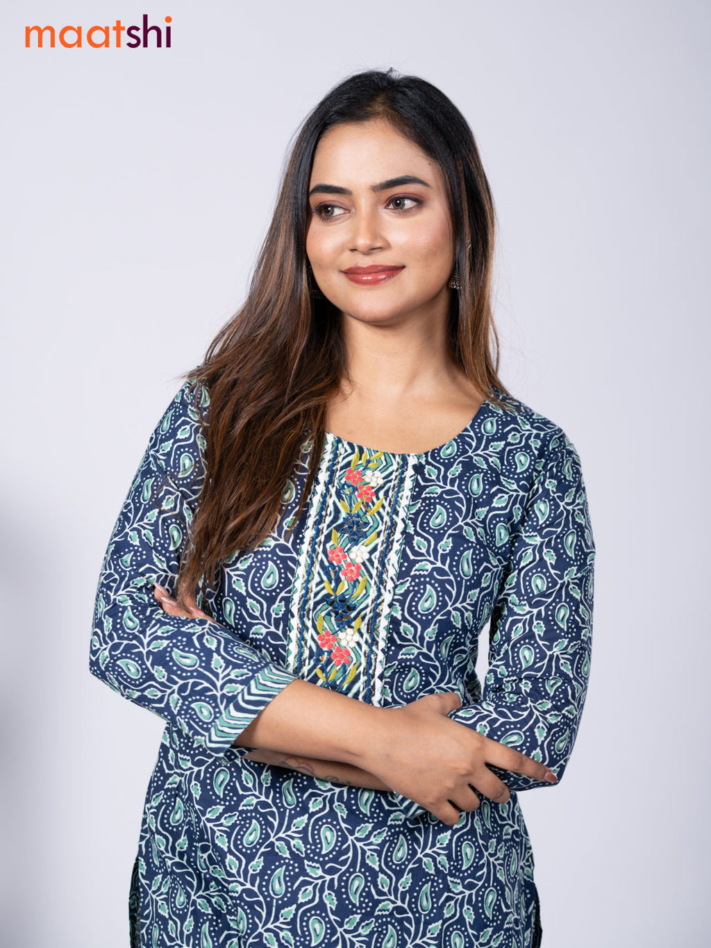 Cotton readymade kurti set blue and teal blue with allover prints & embroidery mirror work neck pattern and straight cut pant