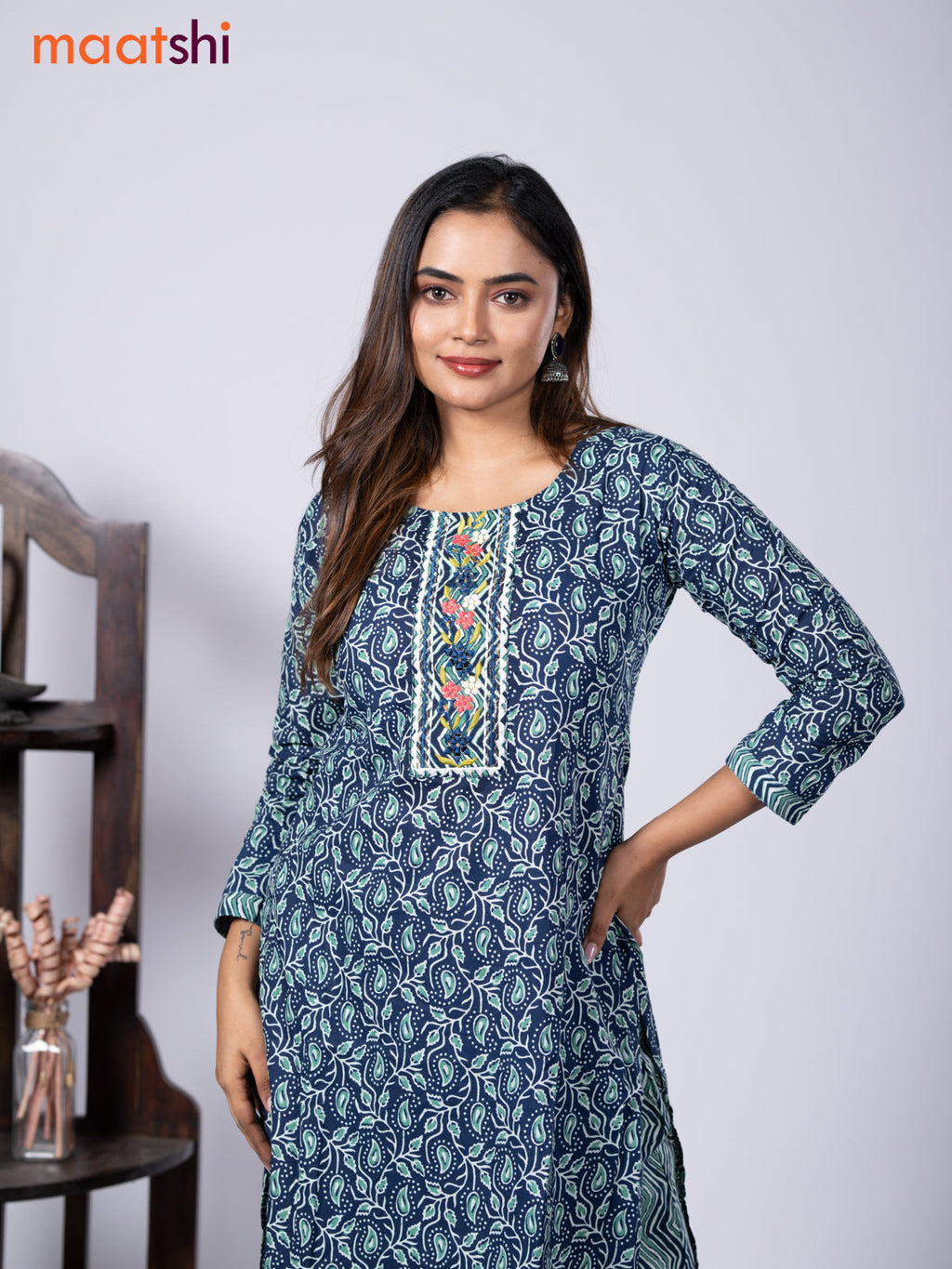 Cotton readymade kurti set blue and teal blue with allover prints & embroidery mirror work neck pattern and straight cut pant