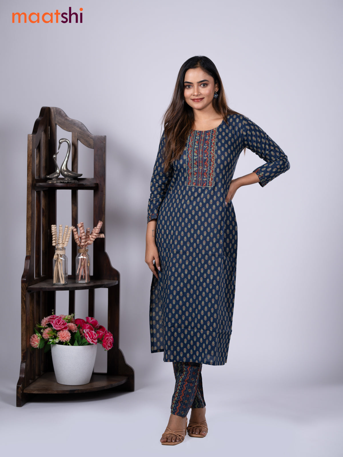 Cotton readymade kurti set blue and pastel green maroon with allover floral buttas prints & embroidery mirror work neck pattern and straight cut pant