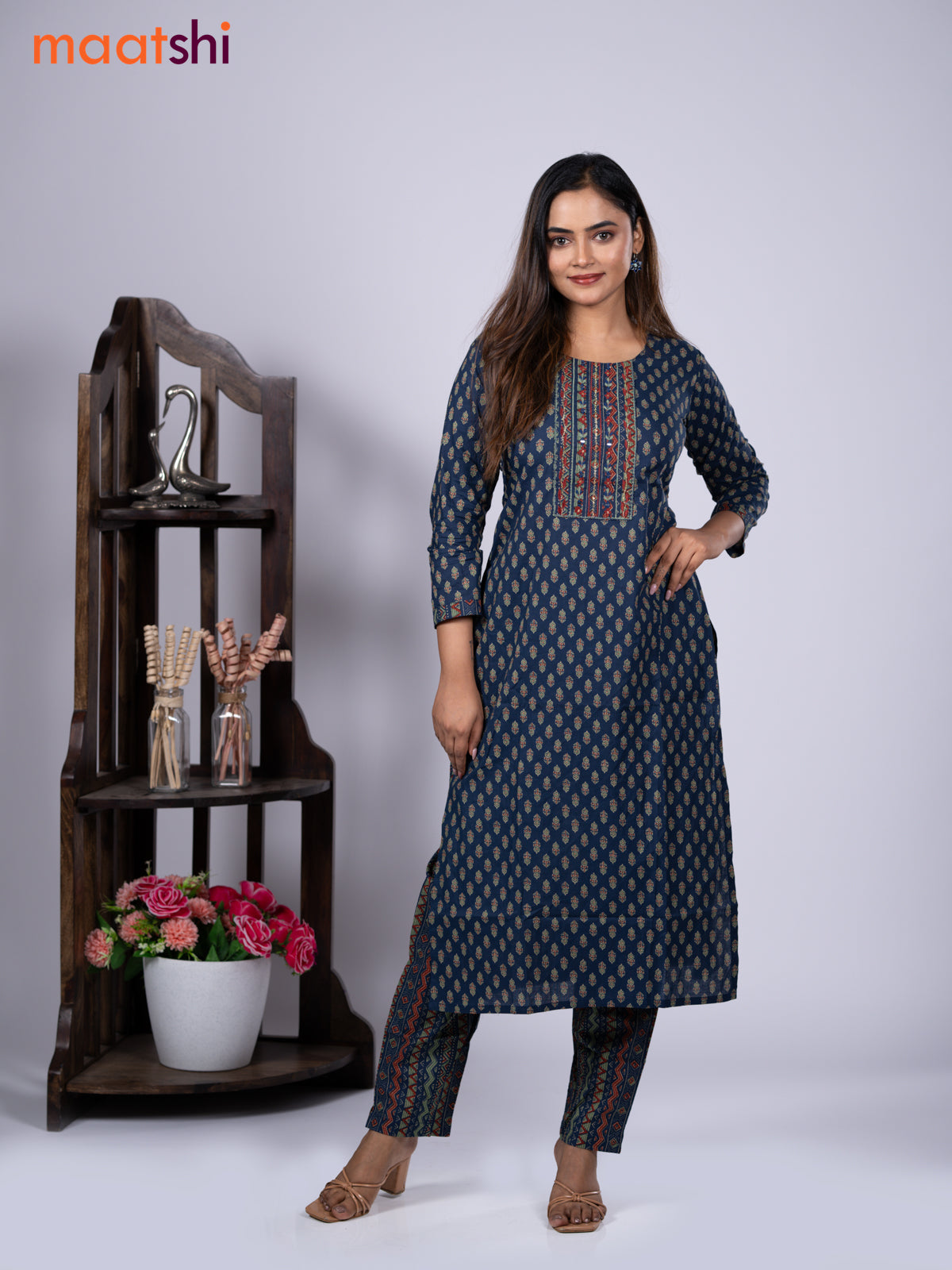 Cotton readymade kurti set blue and pastel green maroon with allover floral buttas prints & embroidery mirror work neck pattern and straight cut pant