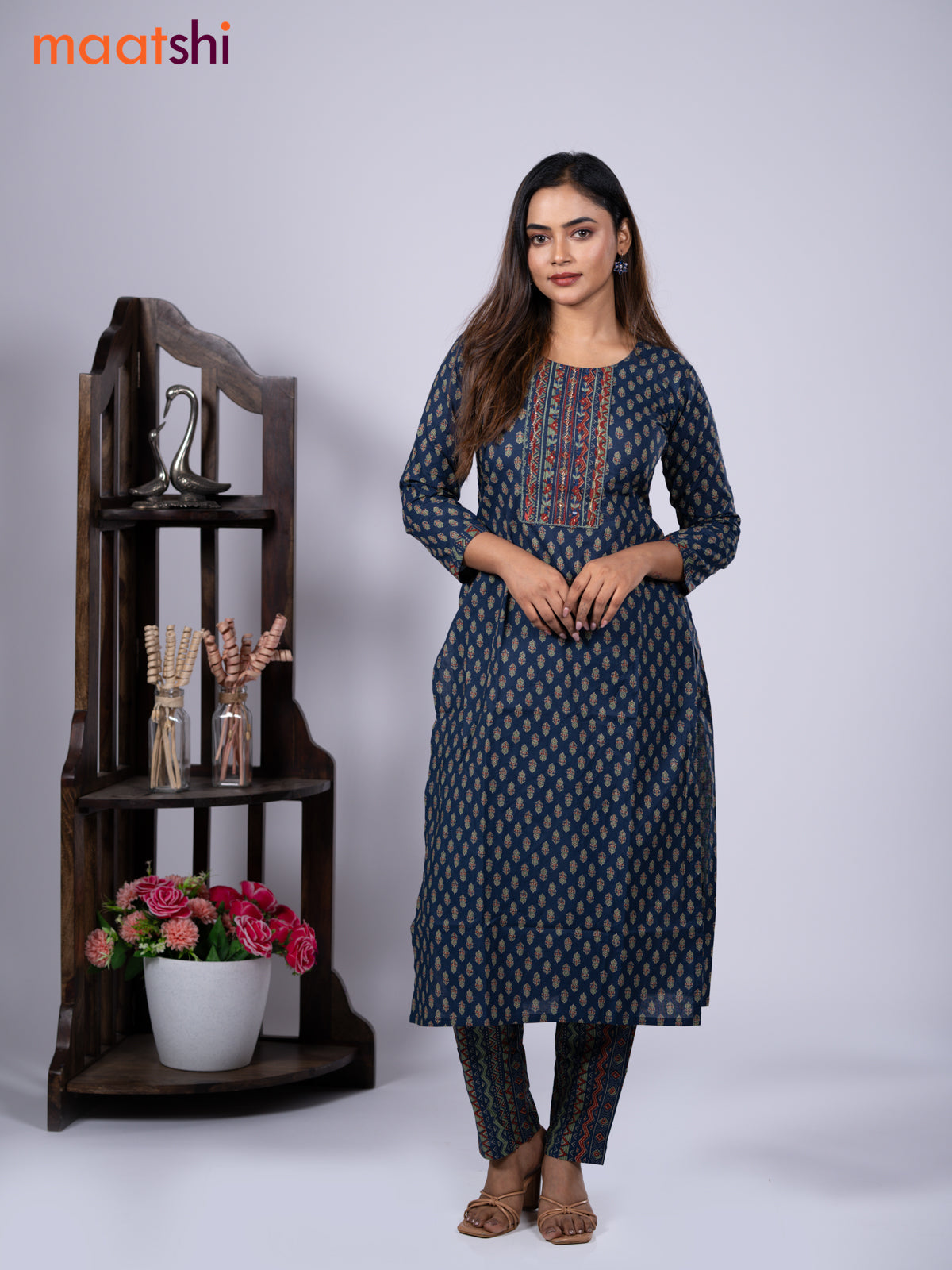 Cotton readymade kurti set blue and pastel green maroon with allover floral buttas prints & embroidery mirror work neck pattern and straight cut pant