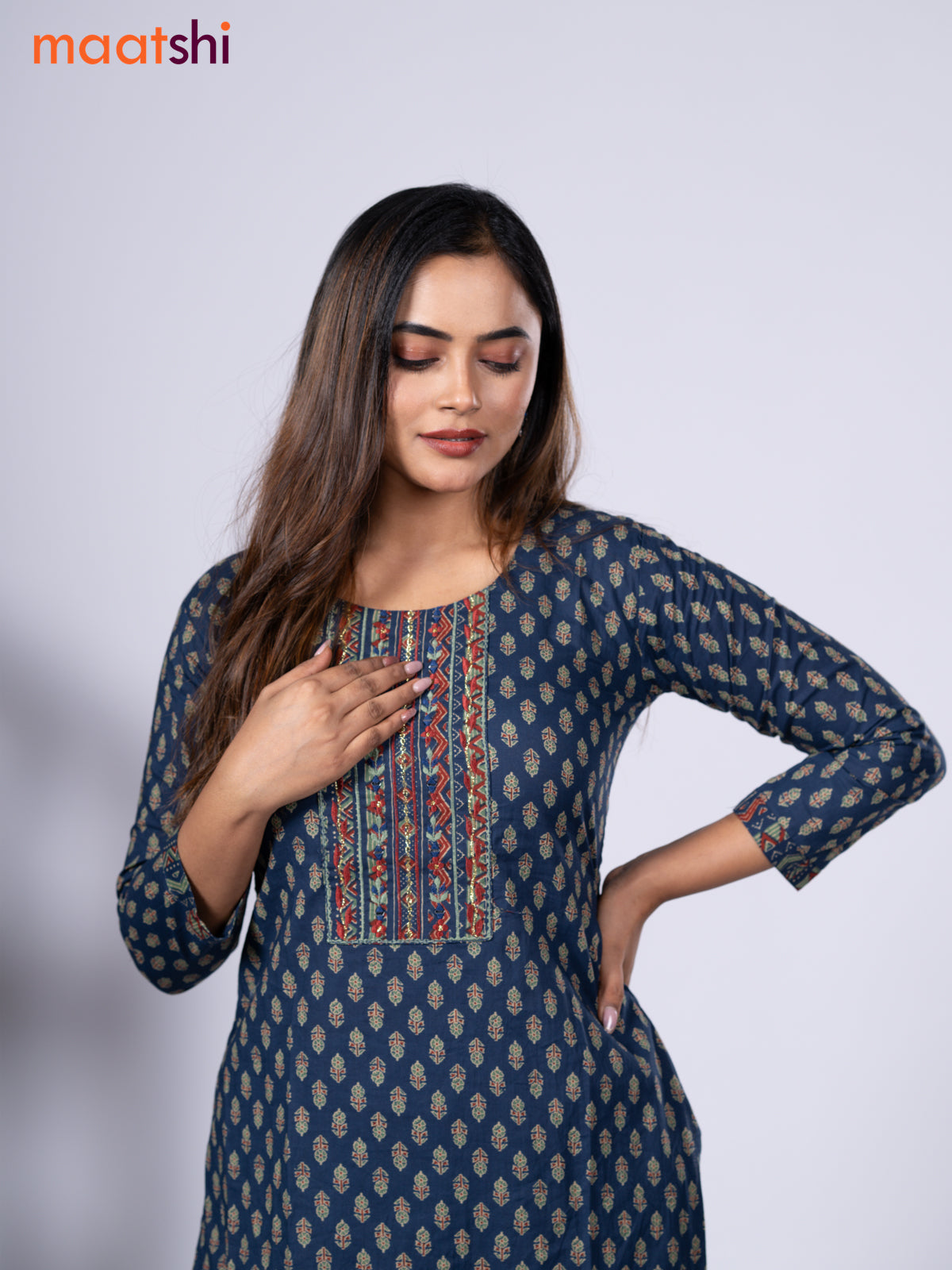 Cotton readymade kurti set blue and pastel green maroon with allover floral buttas prints & embroidery mirror work neck pattern and straight cut pant