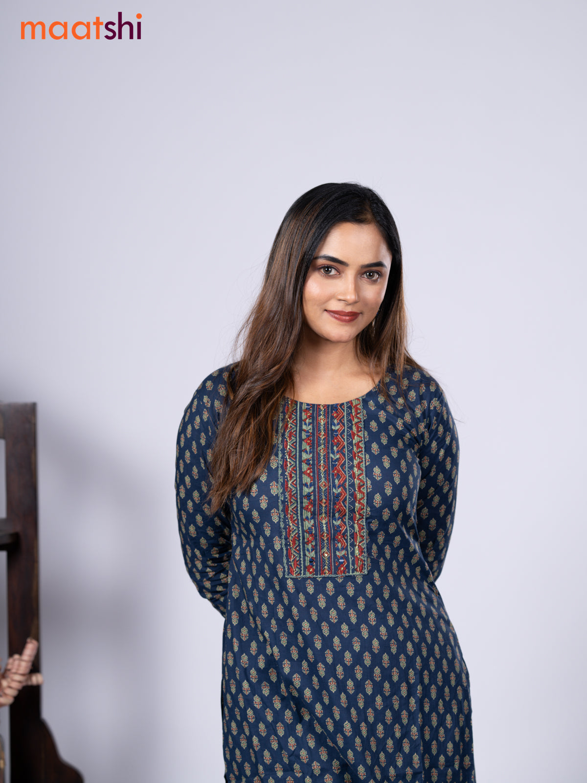 Cotton readymade kurti set blue and pastel green maroon with allover floral buttas prints & embroidery mirror work neck pattern and straight cut pant
