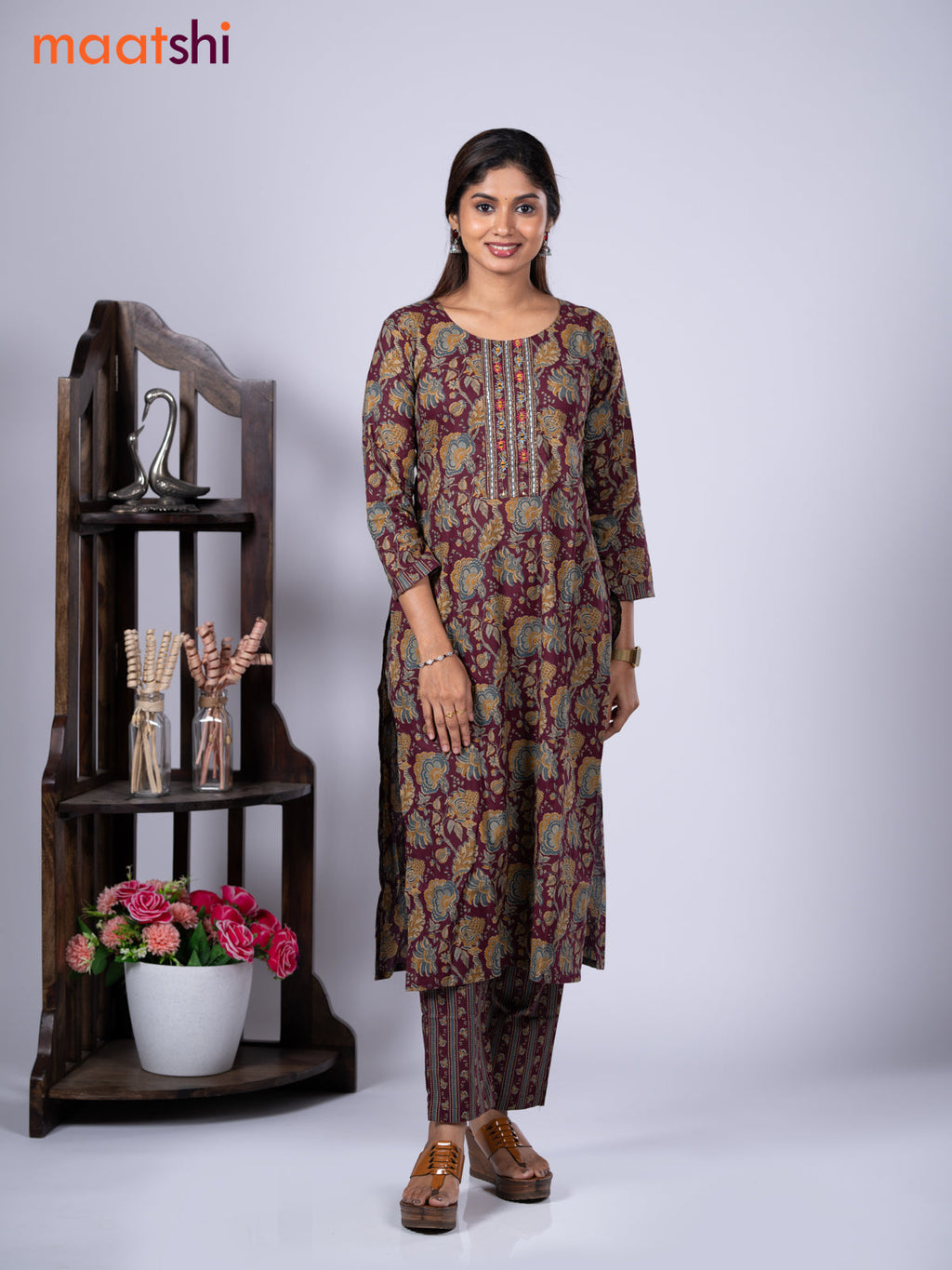 Cotton readymade kurti set maroon with allover kalamkari prints & embroidery mirror work neck pattern and straight cut pant