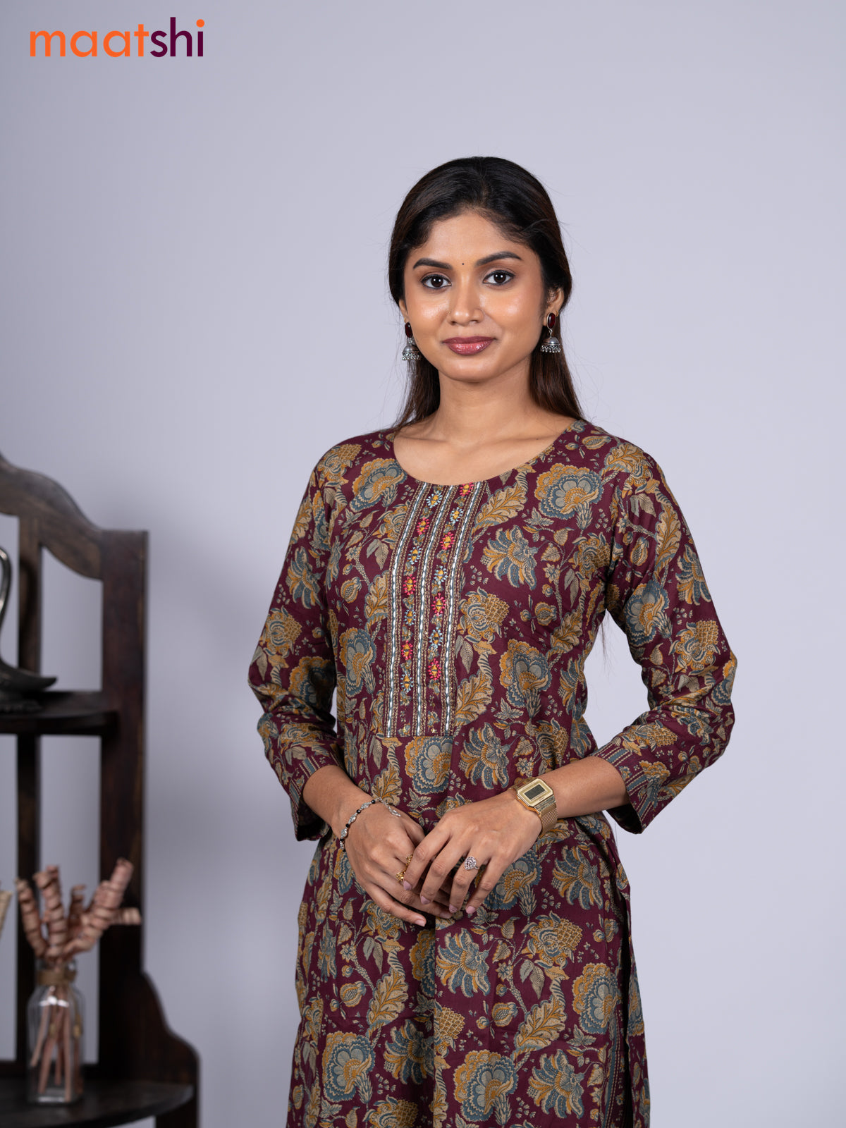 Cotton readymade kurti set maroon with allover kalamkari prints & embroidery mirror work neck pattern and straight cut pant
