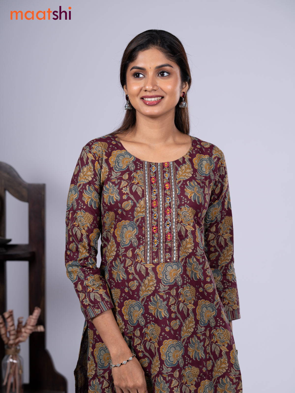 Cotton readymade kurti set maroon with allover kalamkari prints & embroidery mirror work neck pattern and straight cut pant