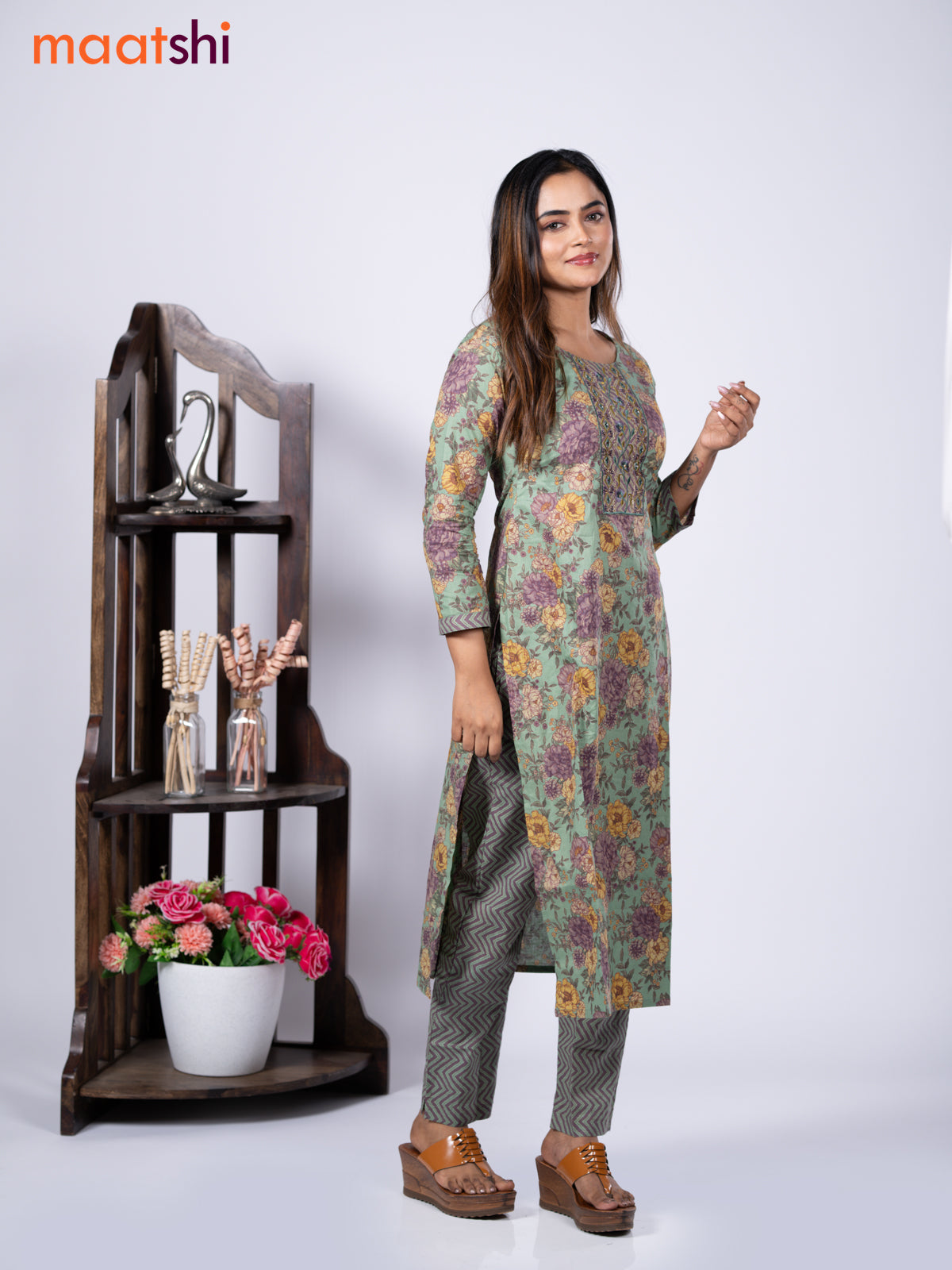 Cotton readymade kurti set pastel green and pastel purple with allover floral prints & embroidery mirror work neck pattern and straight cut pant