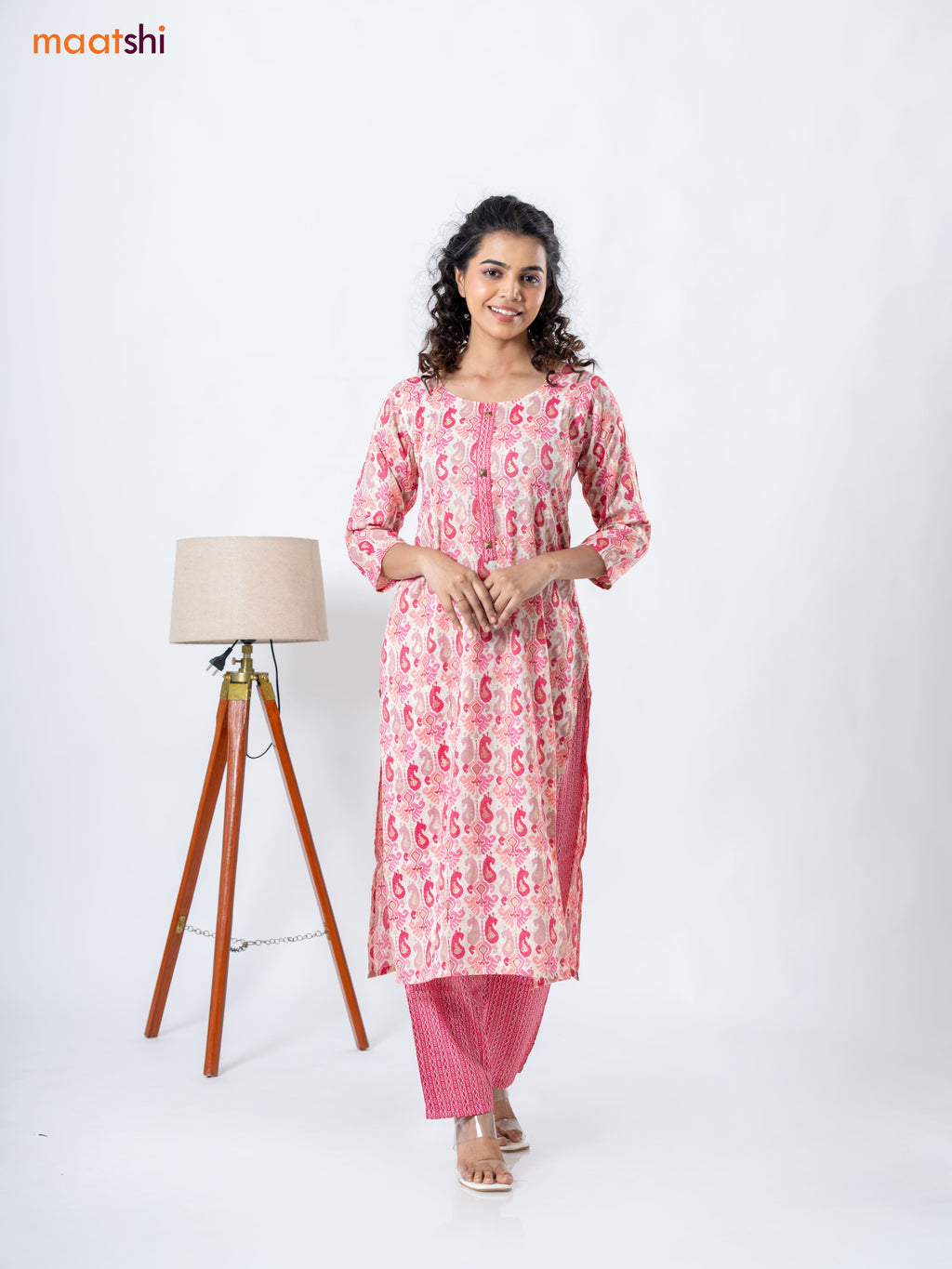 Rayon kurti set cream and pink with allover ikat prints & patch work neck pattern and straight cut pant