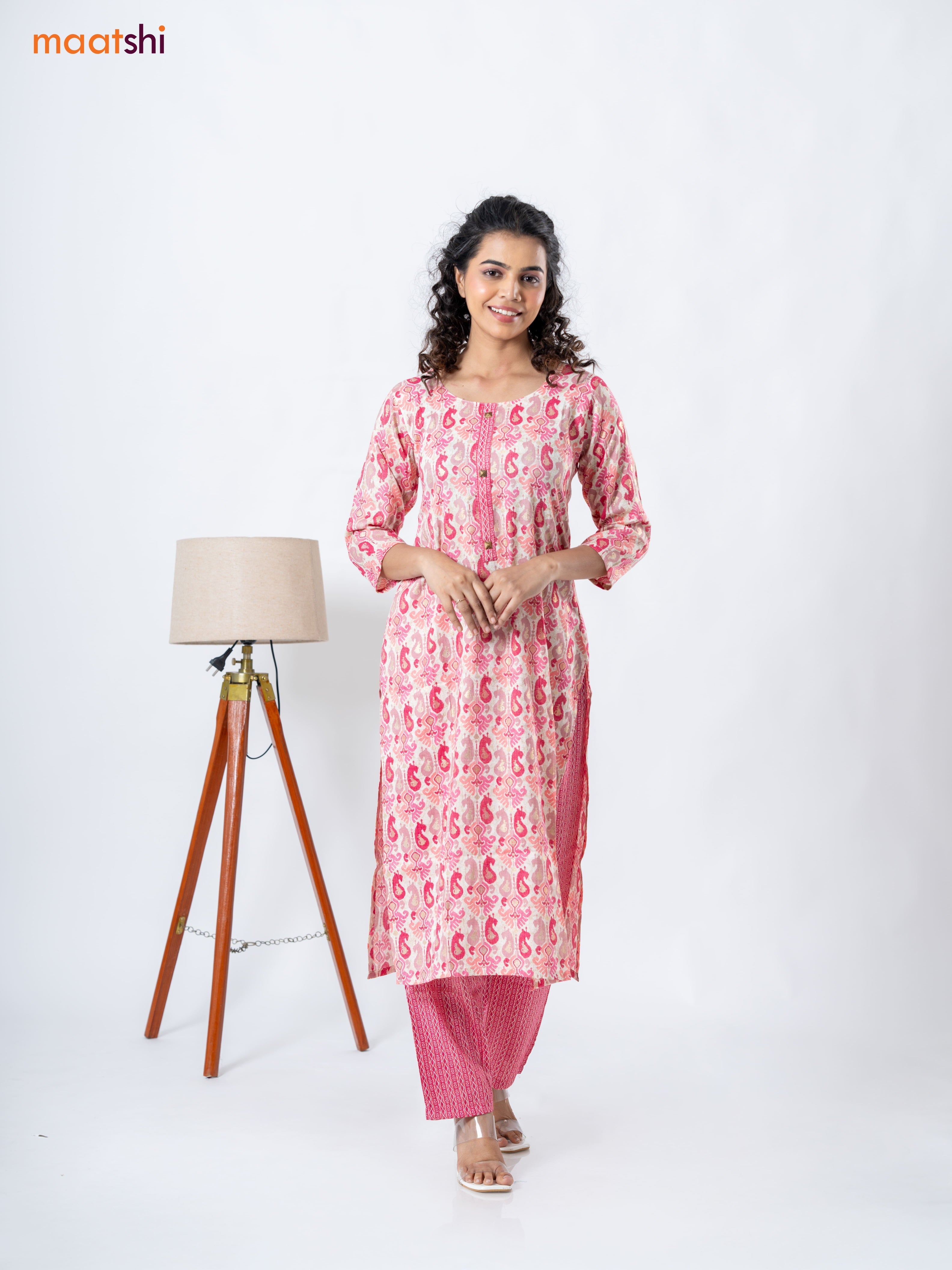 Rayon kurti set cream and pink with allover ikat prints & patch work neck pattern and straight cut pant