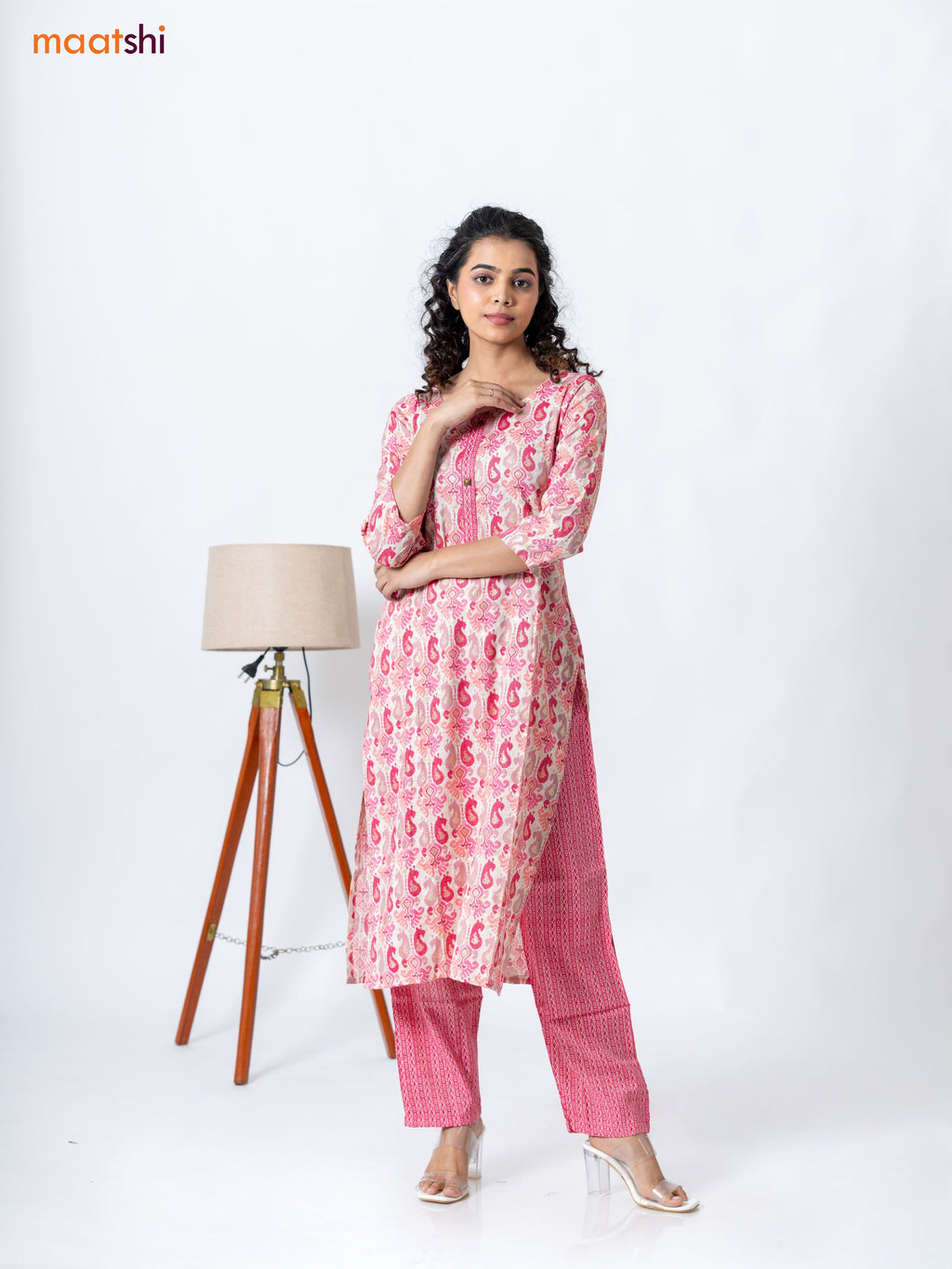 Rayon kurti set cream and pink with allover ikat prints & patch work neck pattern and straight cut pant