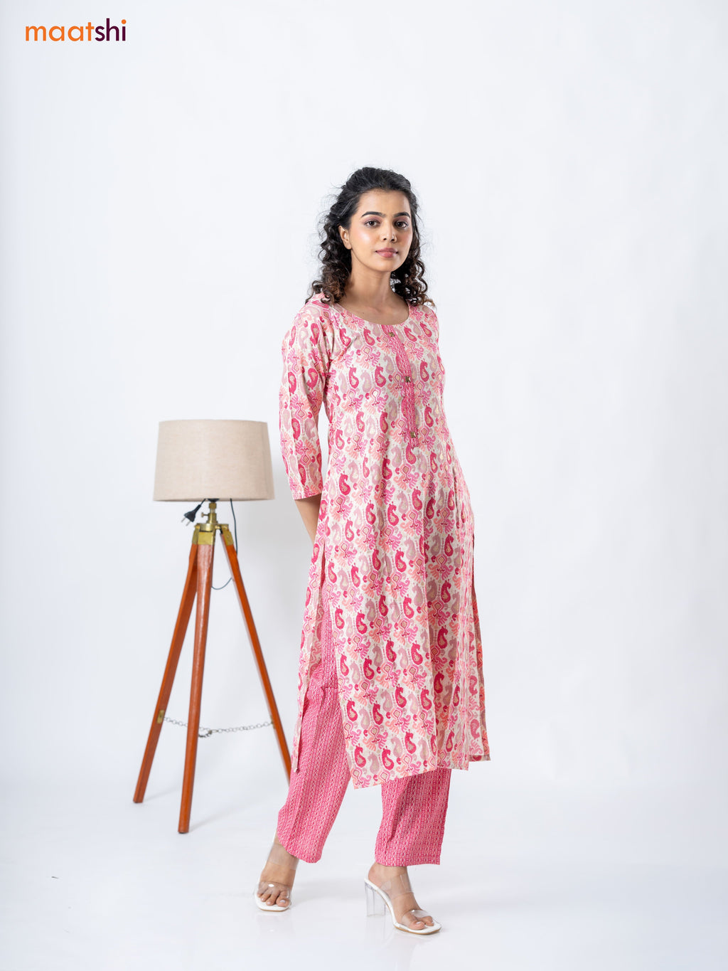 Rayon kurti set cream and pink with allover ikat prints & patch work neck pattern and straight cut pant