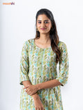 Rayon kurti set cream and mehendi green with allover ikat prints & patch work neck pattern and straight cut pant