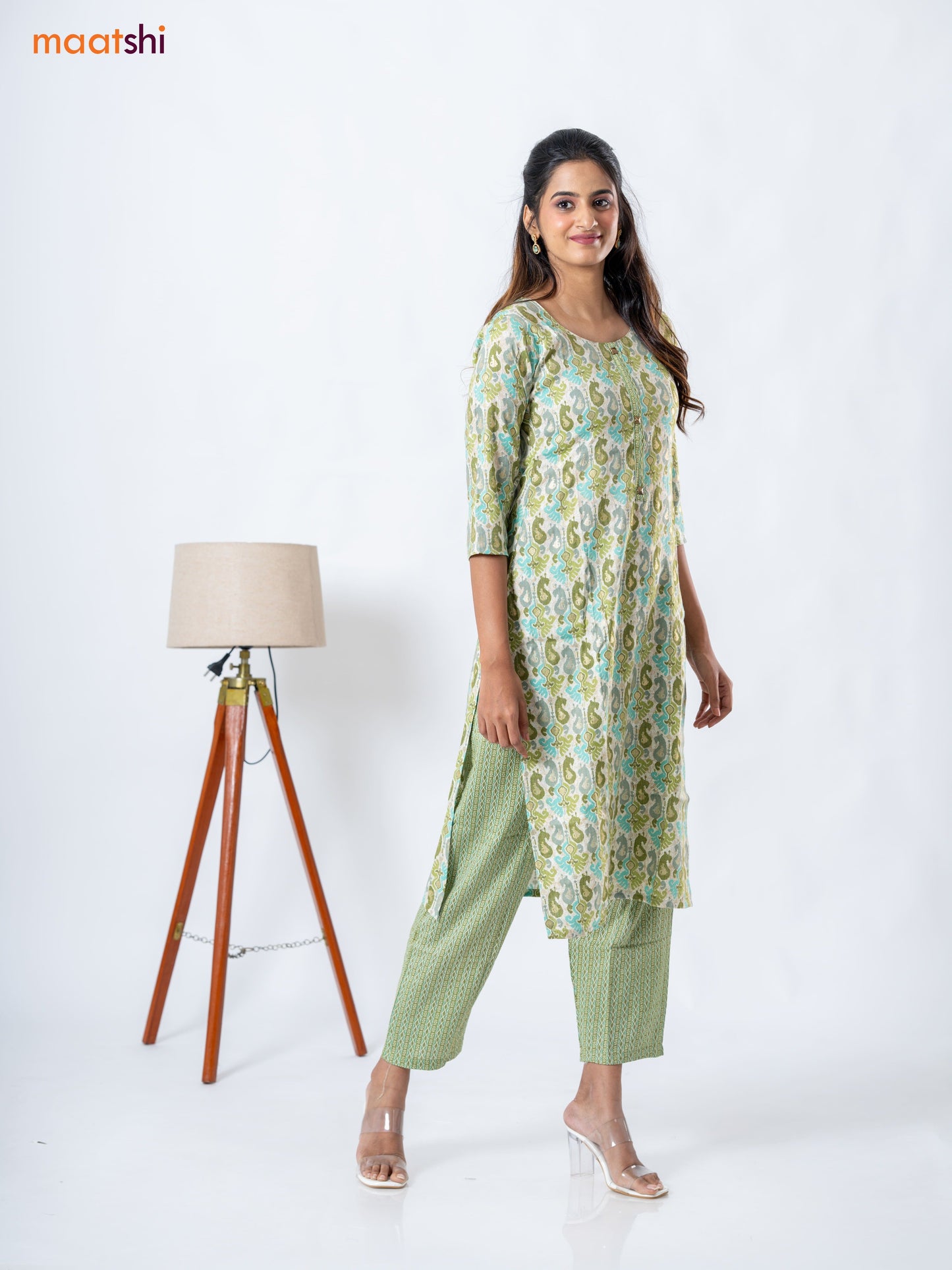 Rayon kurti set cream and mehendi green with allover ikat prints & patch work neck pattern and straight cut pant