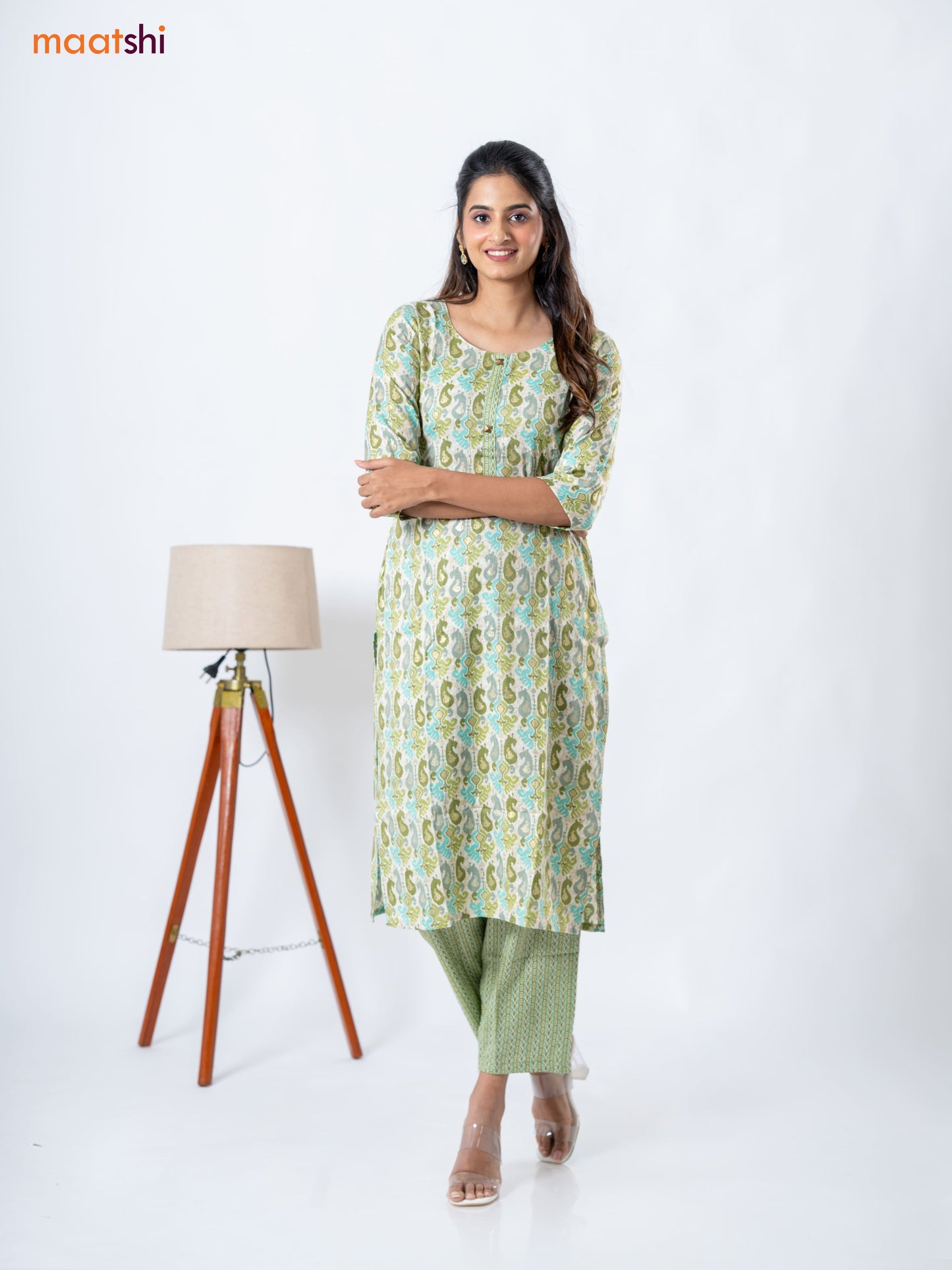Rayon kurti set cream and mehendi green with allover ikat prints & patch work neck pattern and straight cut pant