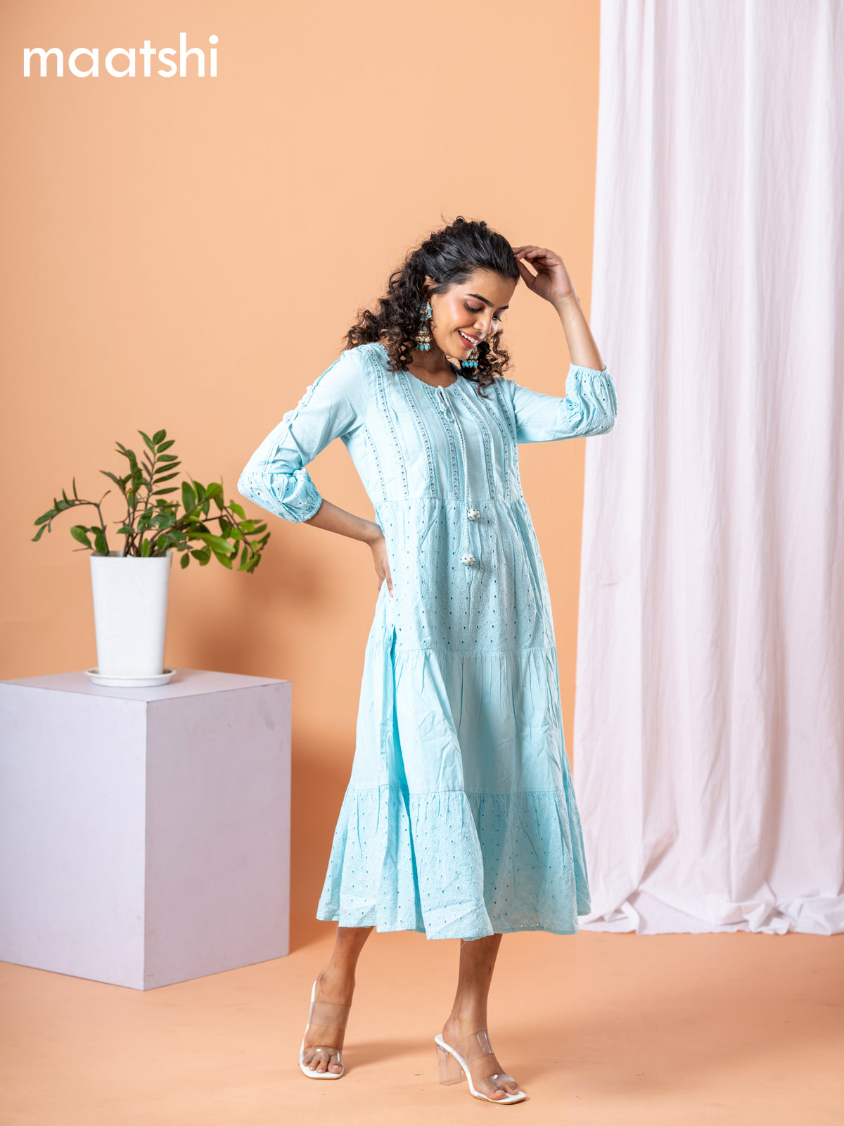 Cotton dress light blue with beaded & crocia lace work neck
