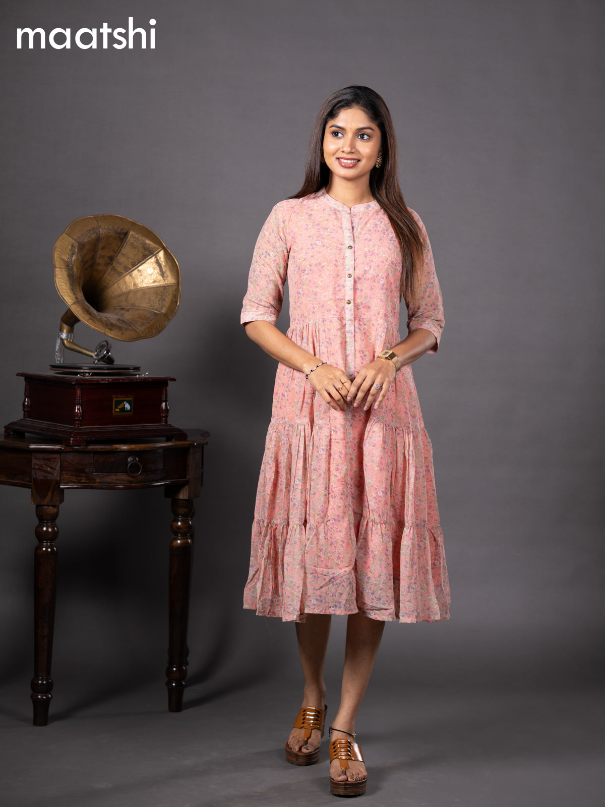 Chiffon readymade dress peach pink with allover floral prints & simple collar neck design without pant