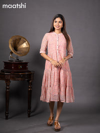 Chiffon readymade dress peach pink with allover floral prints & simple collar neck design without pant
