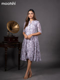 Chiffon readymade dress grey shade and off white with allover floral prints & simple collar neck design without pant