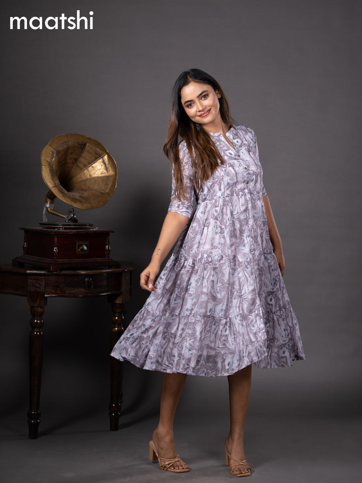 Chiffon readymade dress grey shade and off white with allover floral prints & simple collar neck design without pant