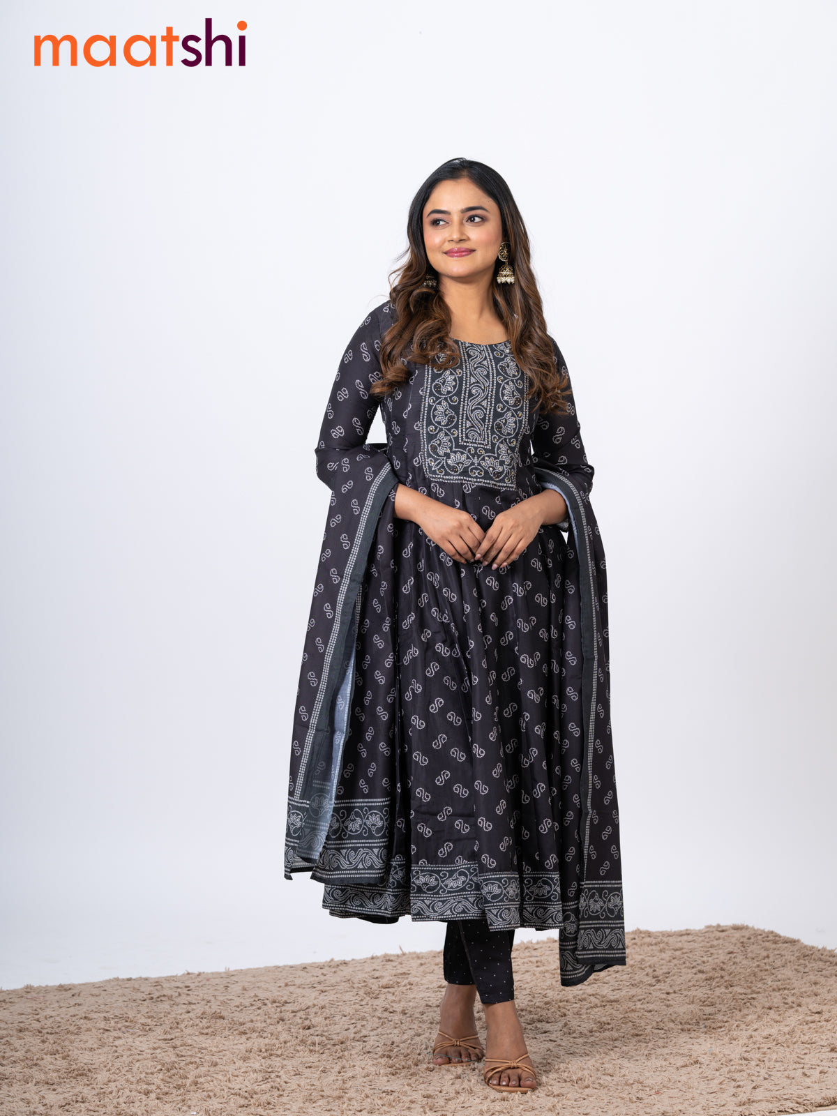 Muslin readymade anarkali salwar suits black with allover bandhani prints & sequin work neck pattern and straight cut pant & printed dupatta