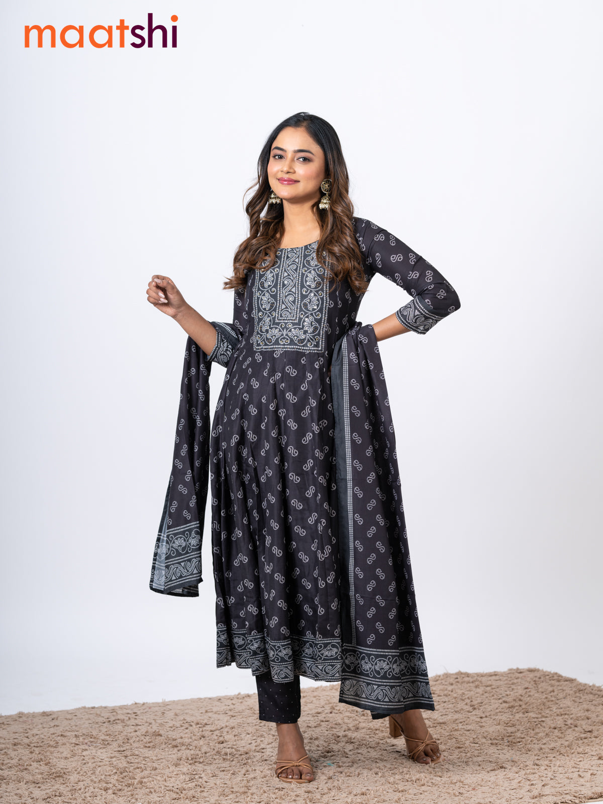 Muslin readymade anarkali salwar suits black with allover bandhani prints & sequin work neck pattern and straight cut pant & printed dupatta