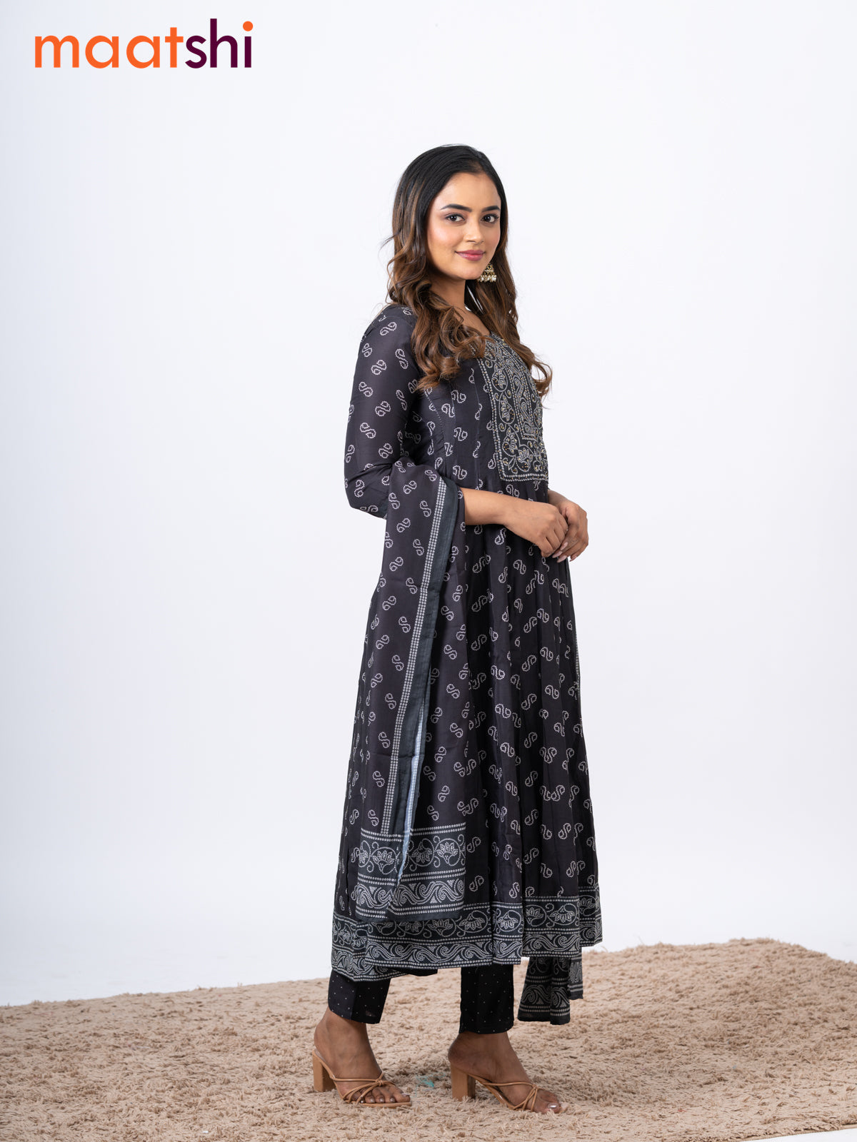 Muslin readymade anarkali salwar suits black with allover bandhani prints & sequin work neck pattern and straight cut pant & printed dupatta