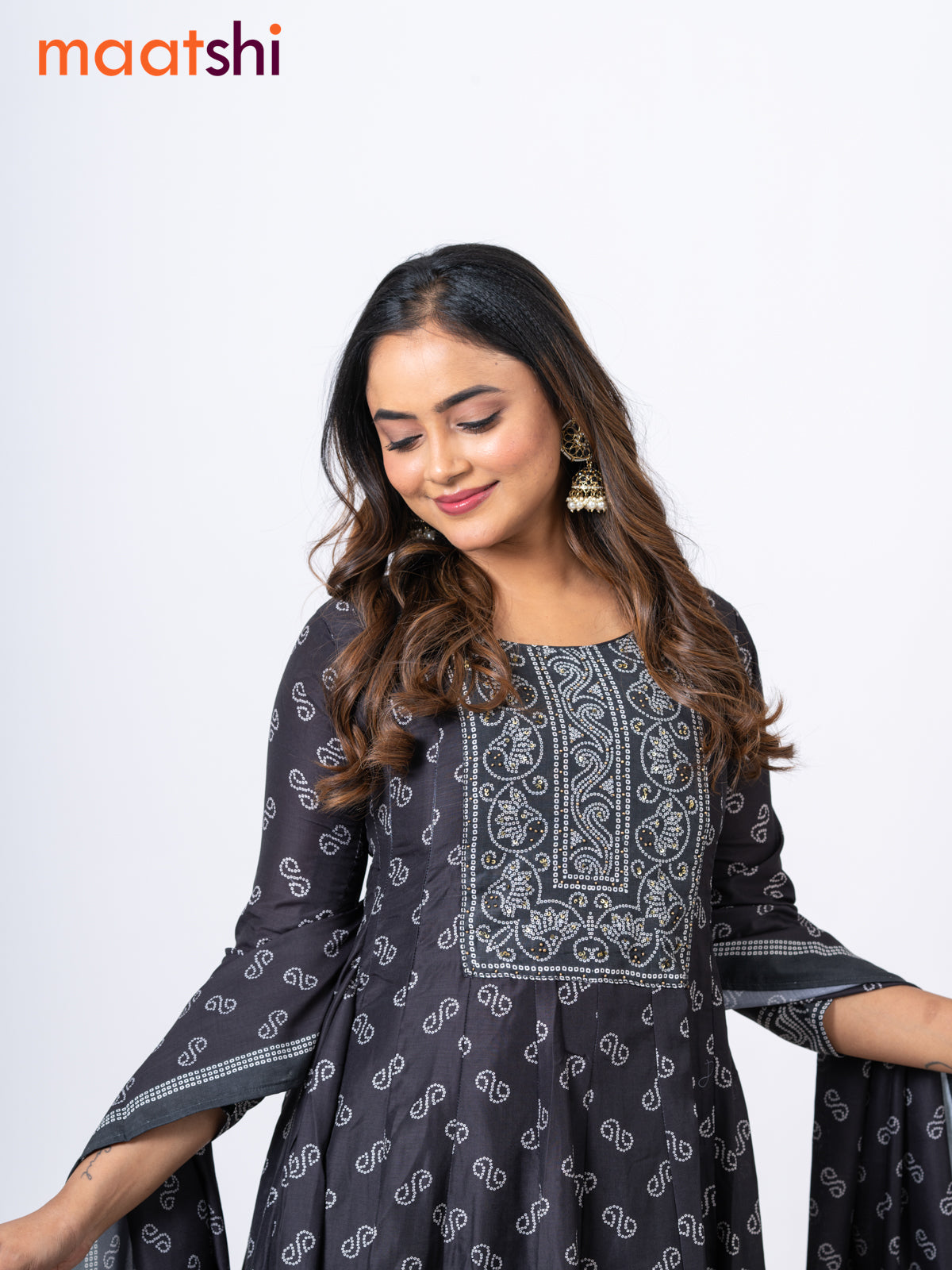 Muslin readymade anarkali salwar suits black with allover bandhani prints & sequin work neck pattern and straight cut pant & printed dupatta