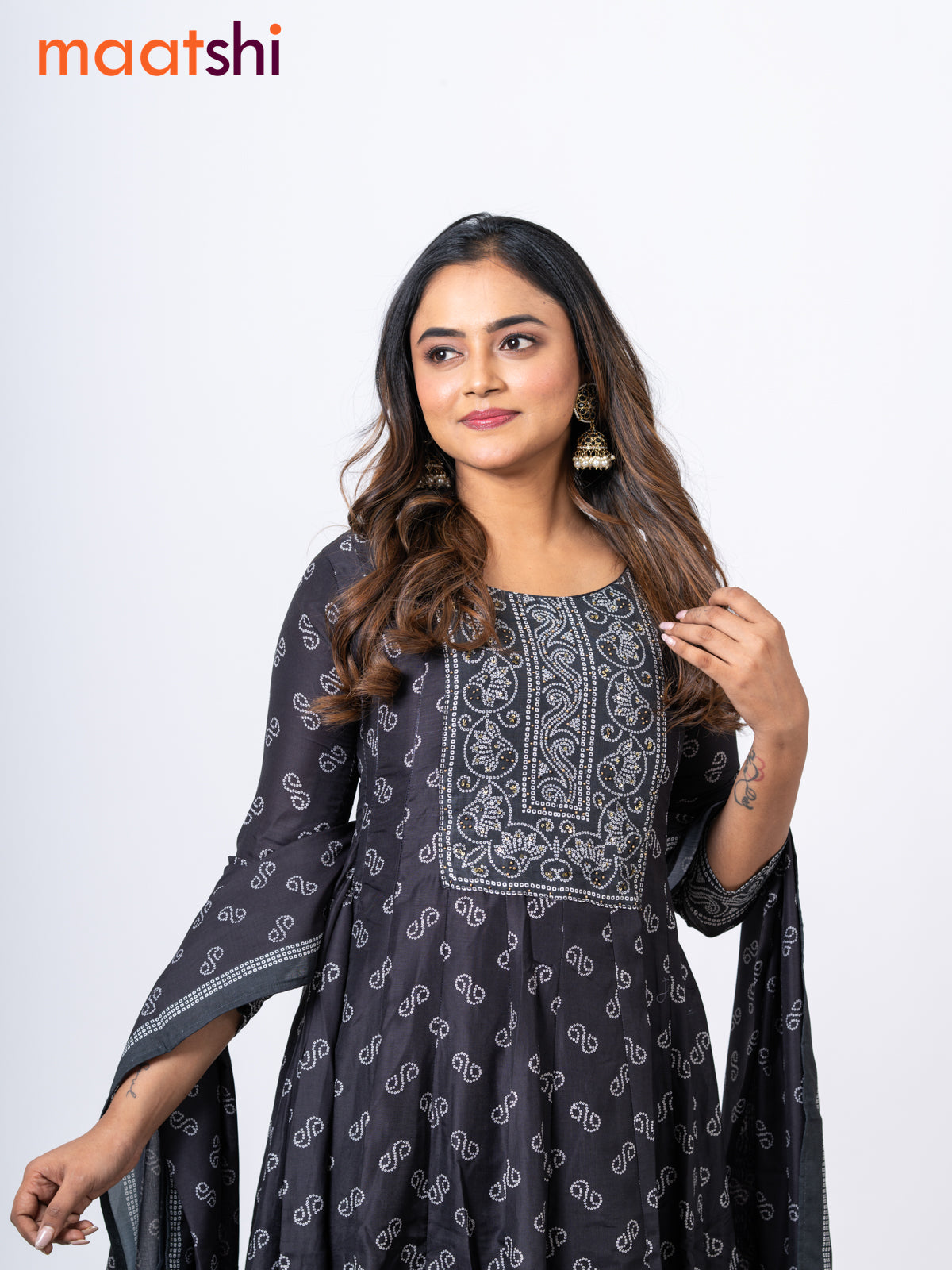 Muslin readymade anarkali salwar suits black with allover bandhani prints & sequin work neck pattern and straight cut pant & printed dupatta