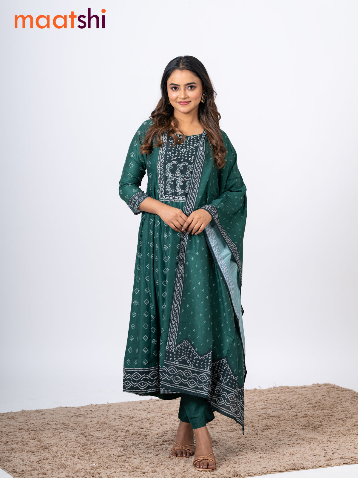 Muslin readymade anarkali salwar suits green with allover bandhani prints & sequin work neck pattern and straight cut pant & printed dupatta