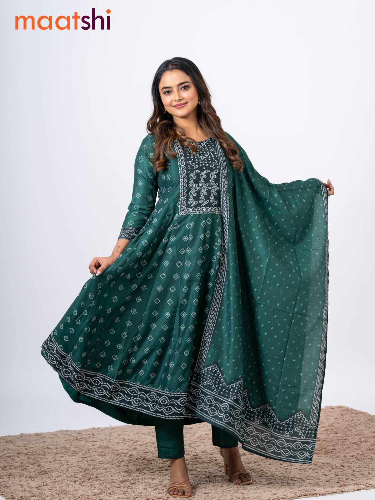 Muslin readymade anarkali salwar suits green with allover bandhani prints & sequin work neck pattern and straight cut pant & printed dupatta