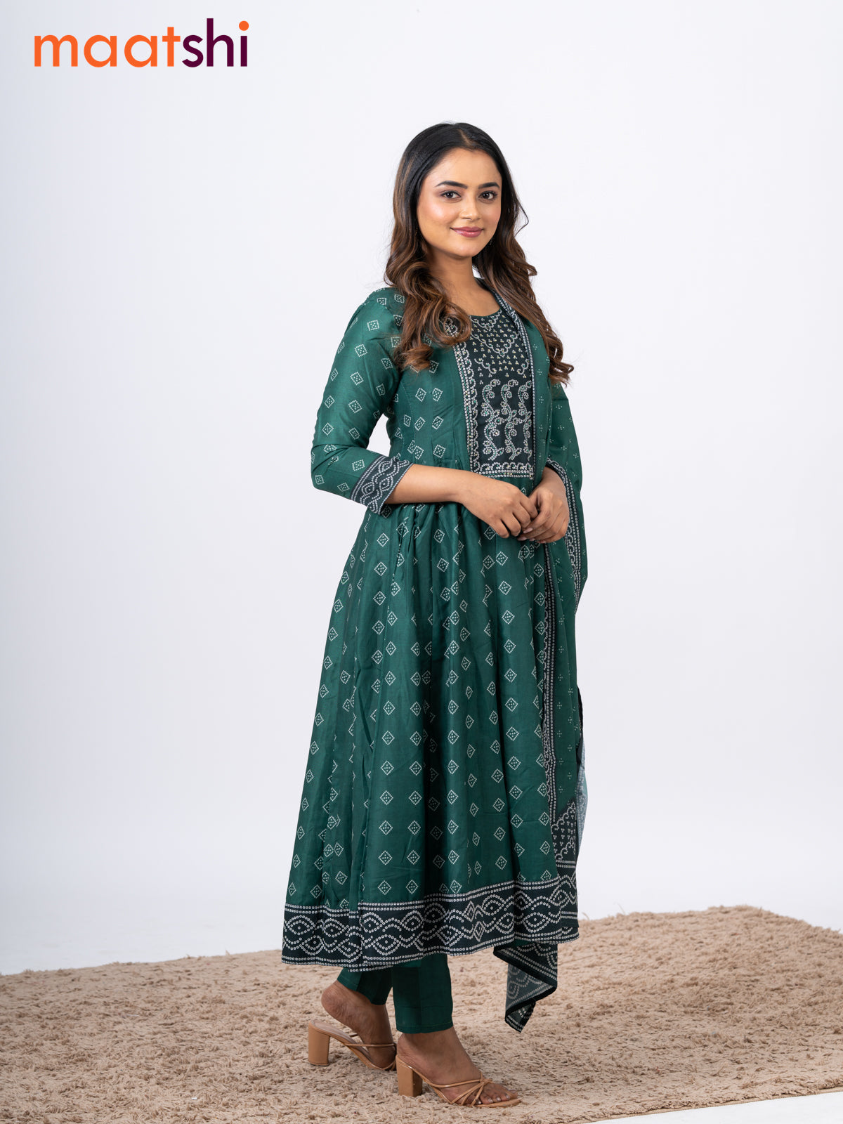 Muslin readymade anarkali salwar suits green with allover bandhani prints & sequin work neck pattern and straight cut pant & printed dupatta