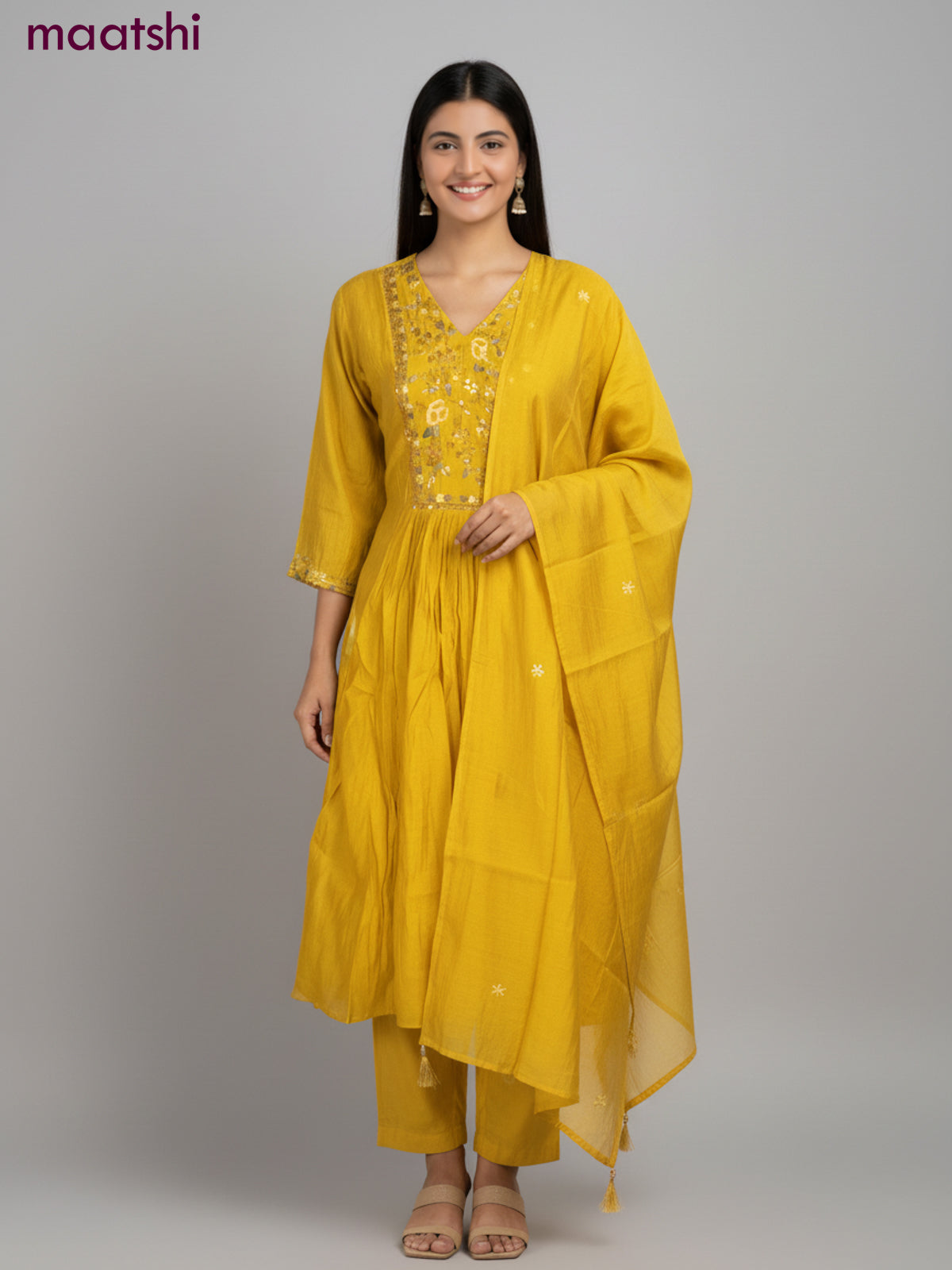 Anarkali salwar suit mustard yellow with sequin & embroidery work neck pattern and straight cut pant & dupatta