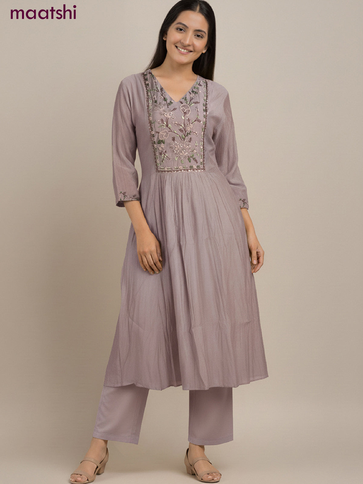 Anarkali salwar suit brown shade with sequin & embroidery work neck pattern and straight cut pant & dupatta