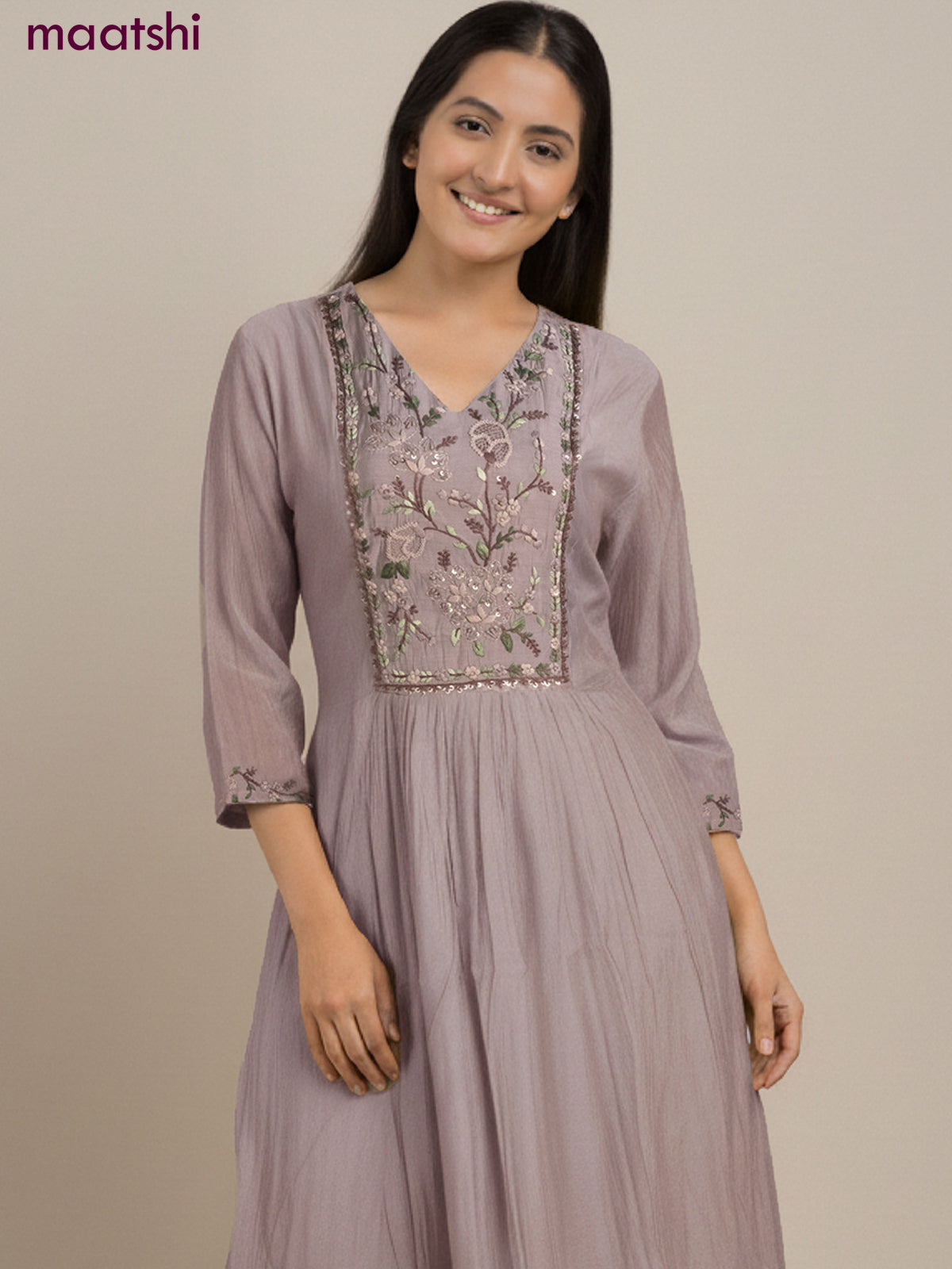 Anarkali salwar suit brown shade with sequin & embroidery work neck pattern and straight cut pant & dupatta