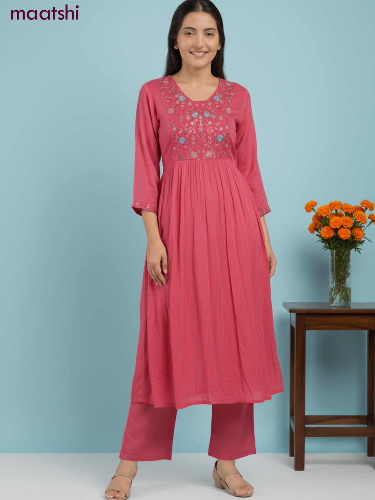 Anarkali salwar suit pink with sequin & embroidery zardosi work neck pattern and straight cut pant & dupatta