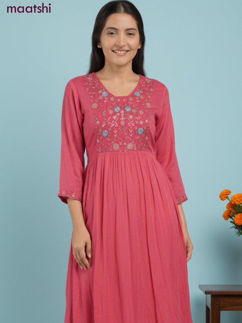 Anarkali salwar suit pink with sequin & embroidery zardosi work neck pattern and straight cut pant & dupatta