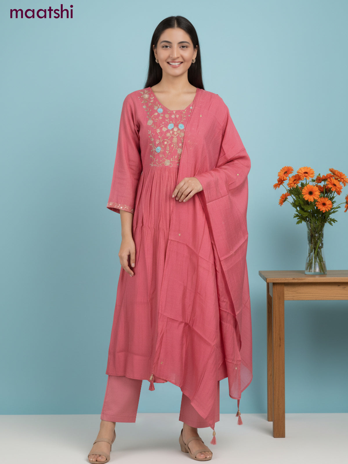 Anarkali salwar suit pink with sequin & embroidery zardosi work neck pattern and straight cut pant & dupatta