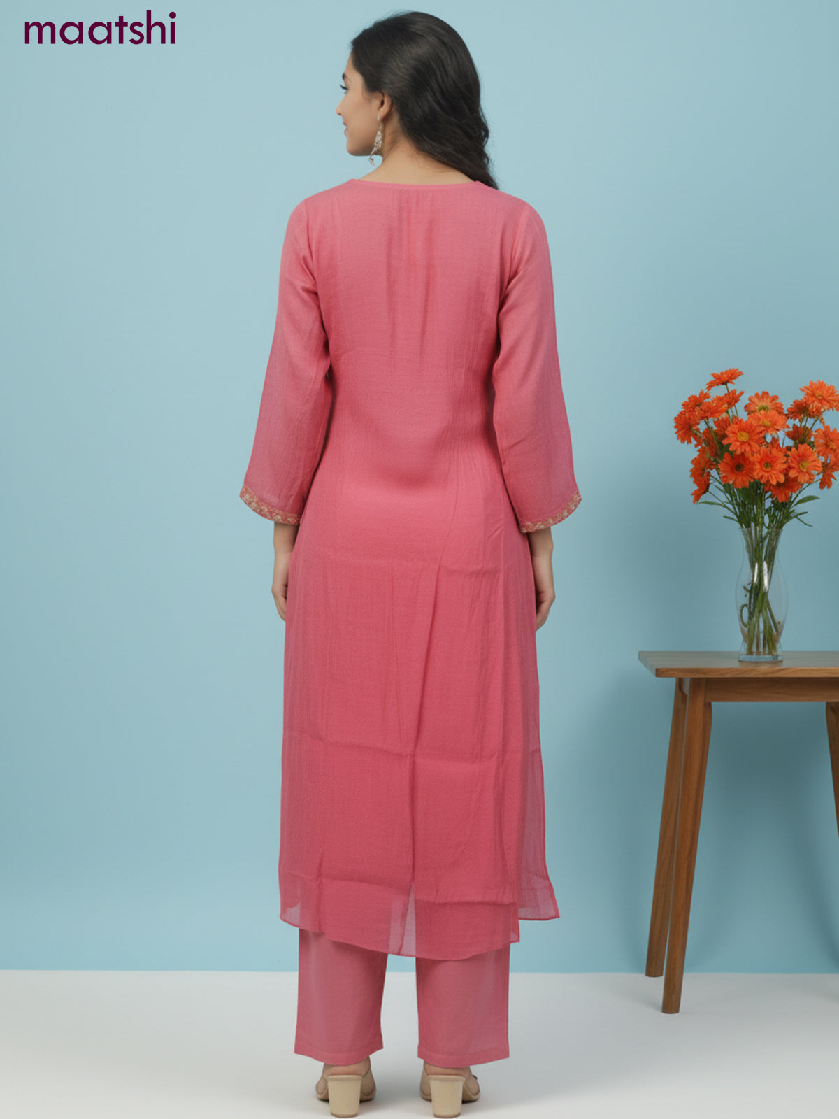 Anarkali salwar suit pink with sequin & embroidery zardosi work neck pattern and straight cut pant & dupatta