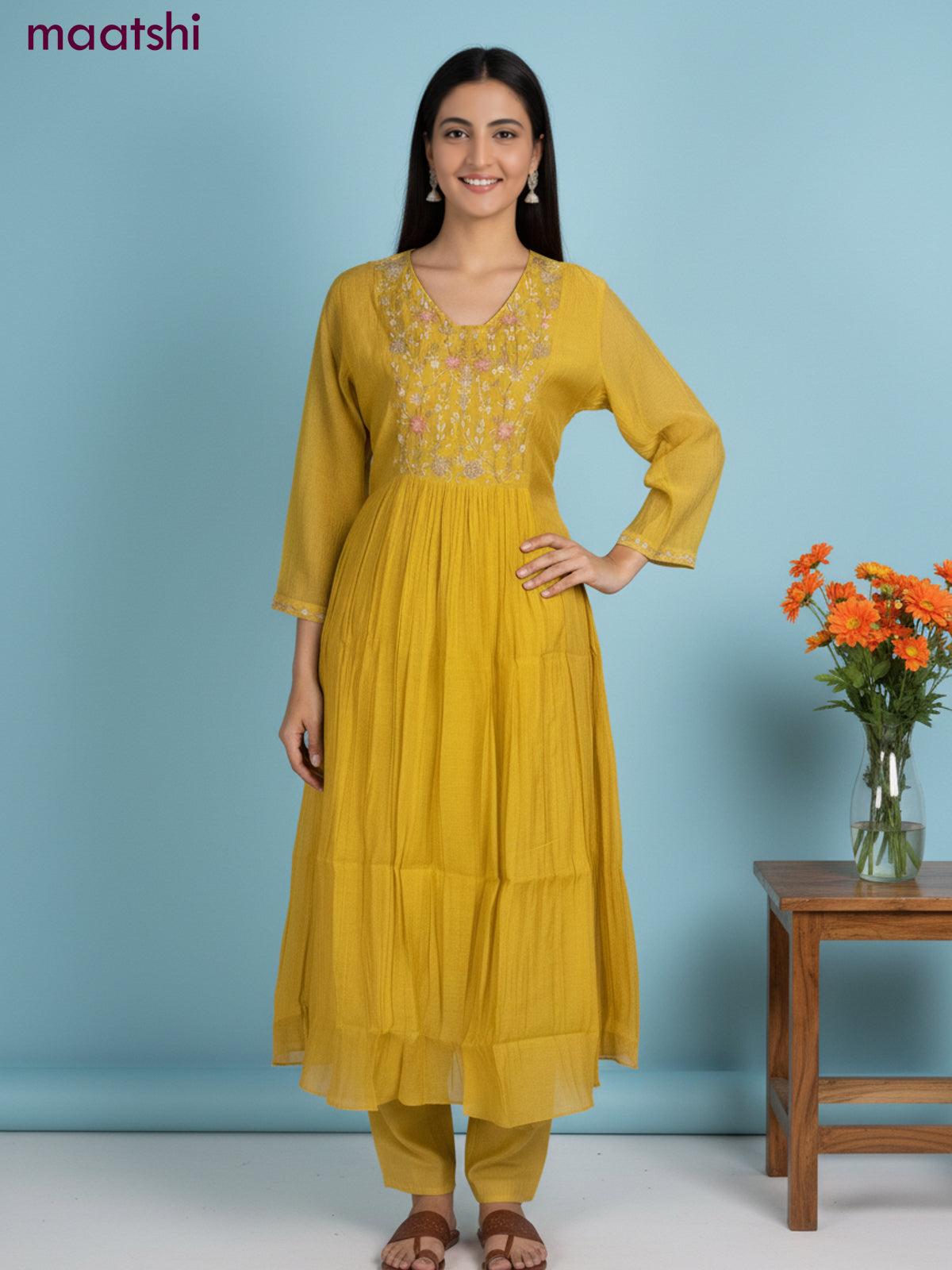 Anarkali salwar suit mustard yellow with sequin & embroidery zardosi work neck pattern and straight cut pant & dupatta
