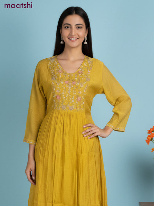 Anarkali salwar suit mustard yellow with sequin & embroidery zardosi work neck pattern and straight cut pant & dupatta