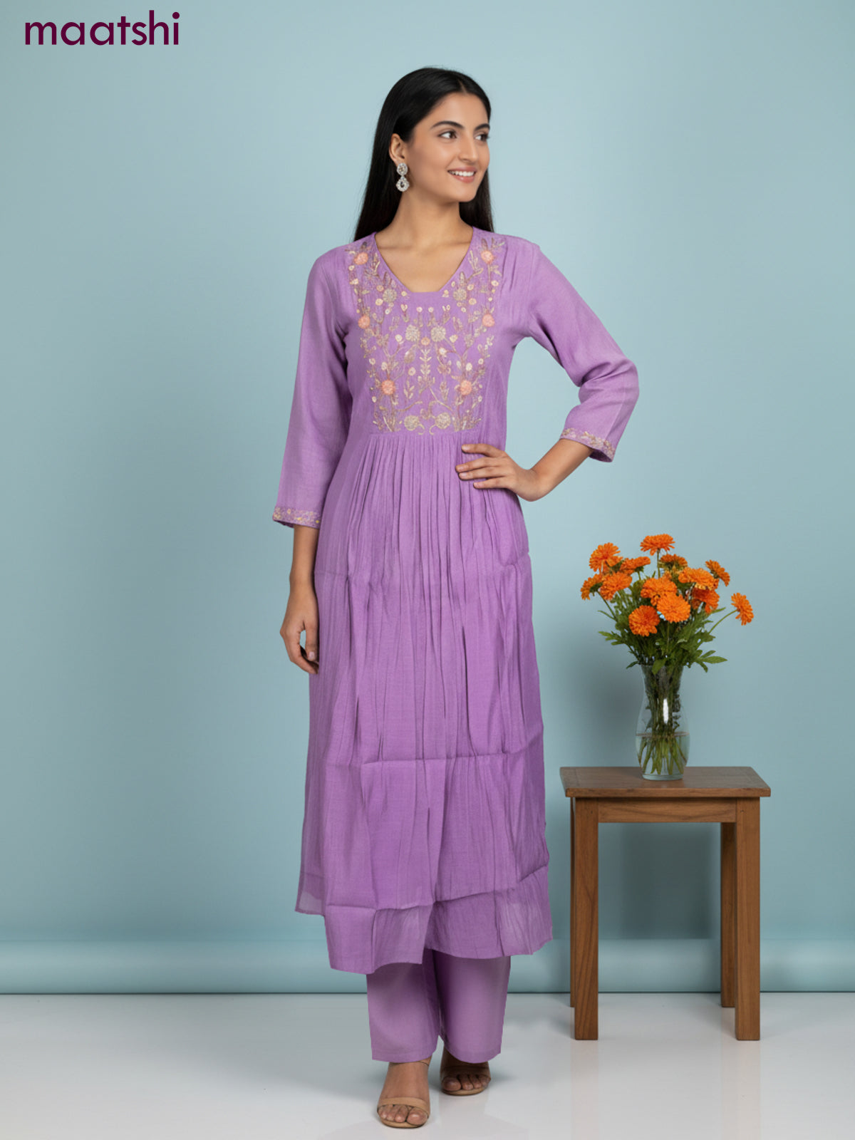 Anarkali salwar suit lavender with sequin & embroidery zardosi work neck pattern and straight cut pant & dupatta