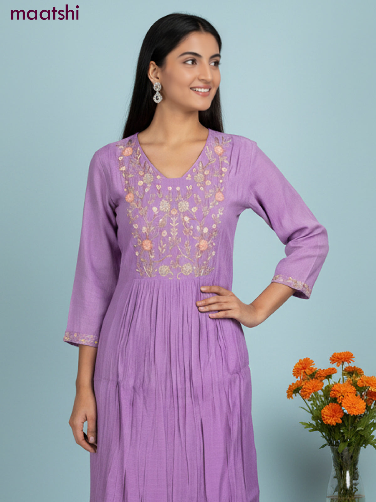 Anarkali salwar suit lavender with sequin & embroidery zardosi work neck pattern and straight cut pant & dupatta