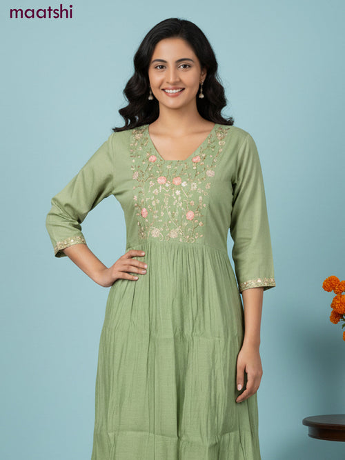 Anarkali salwar suit green with sequin & embroidery zardosi work neck pattern and straight cut pant & dupatta