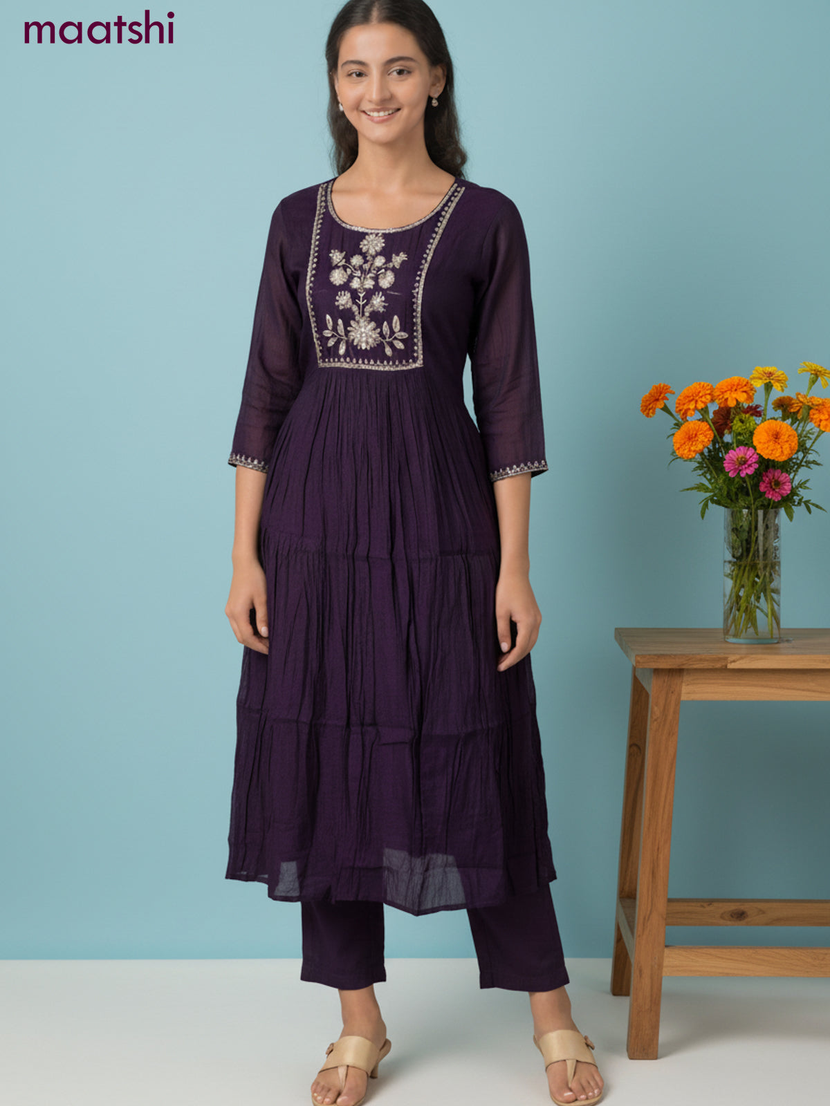 Anarkali salwar suit dark purple with sequin & beaded zardosi work neck pattern and straight cut pant & dupatta