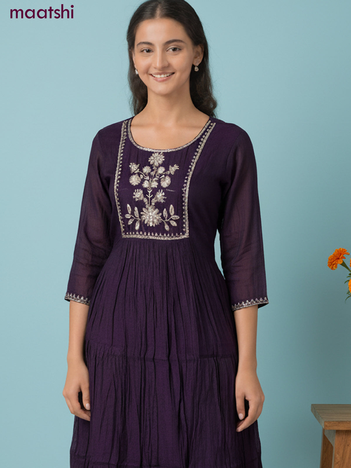 Anarkali salwar suit dark purple with sequin & beaded zardosi work neck pattern and straight cut pant & dupatta