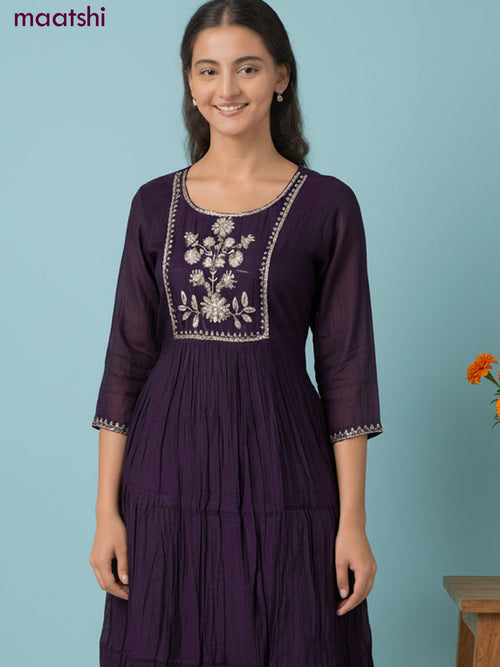 Anarkali salwar suit dark purple with sequin & beaded zardosi work neck pattern and straight cut pant & dupatta