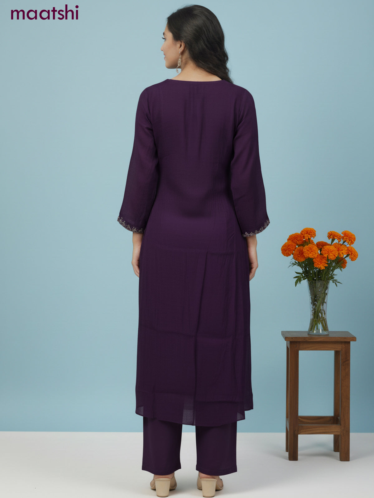 Anarkali salwar suit dark purple with sequin & beaded zardosi work neck pattern and straight cut pant & dupatta