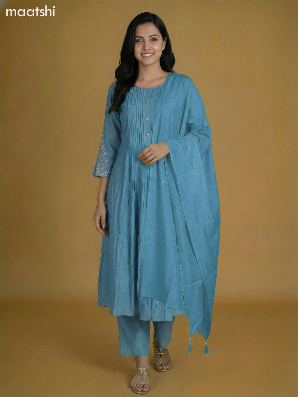 Pastel Blue Mul Chanderi With Beaded Work Anarkali Suit