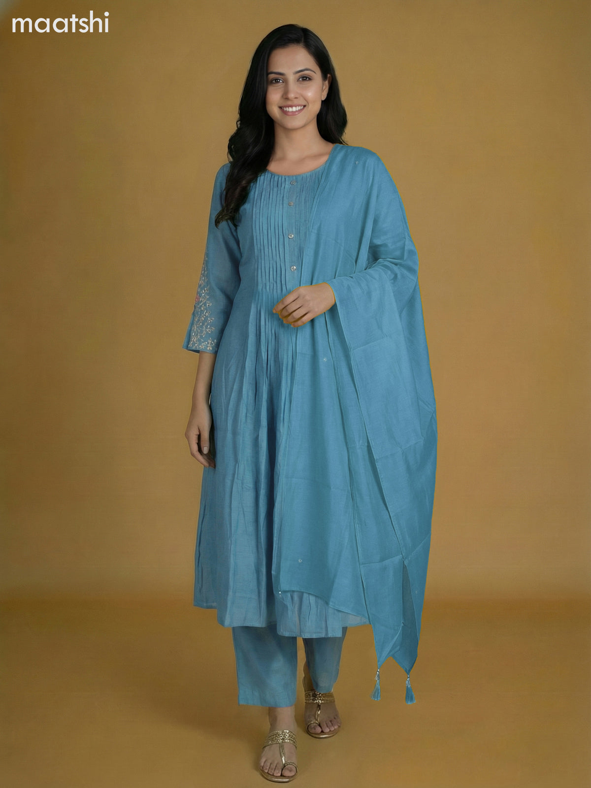 Pastel Blue Mul Chanderi With Beaded Work Anarkali Suit